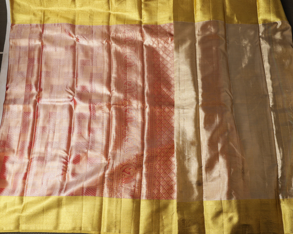 Kanchipuram Tissue Pure Silk Saree – Red & Gold Bridal Checks with Golden Zari
