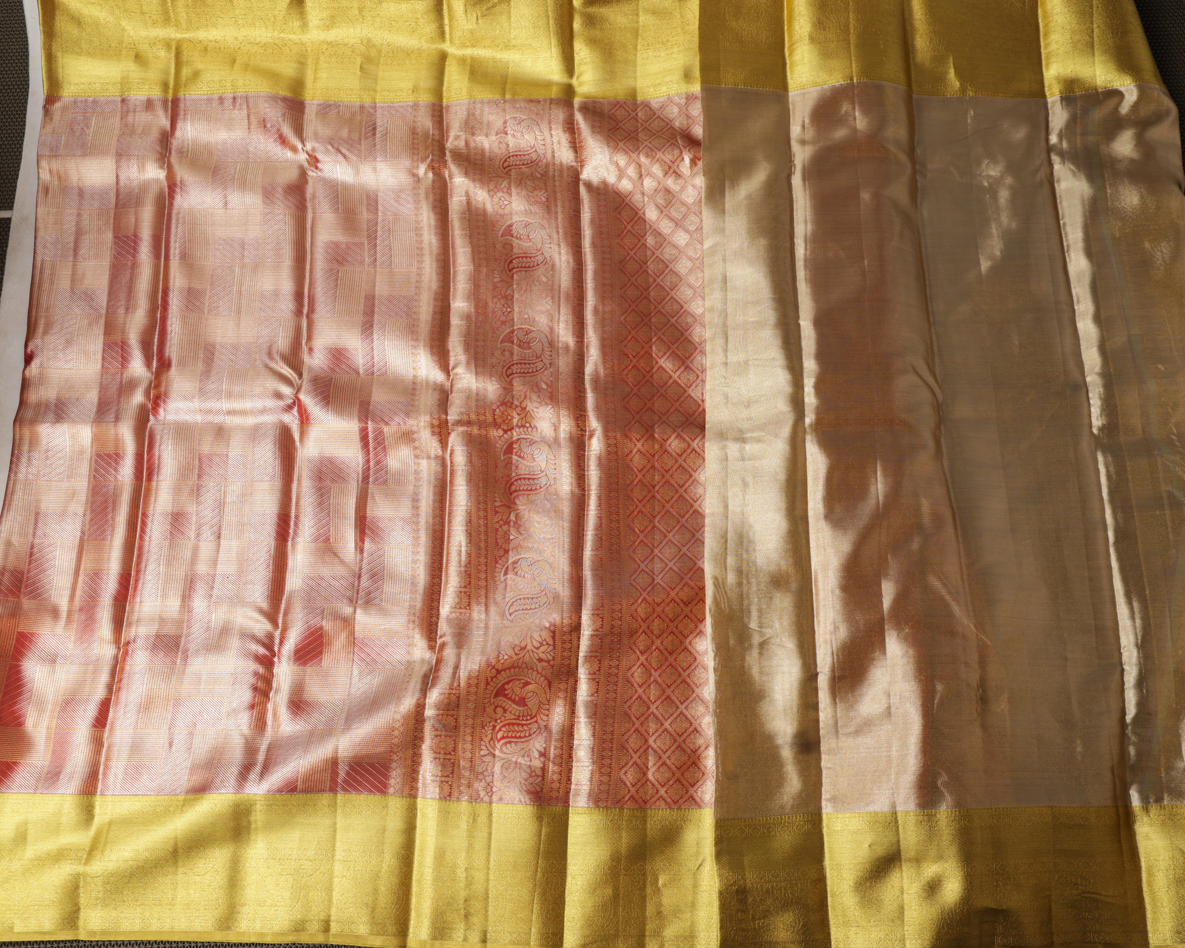 Kanchipuram Tissue Pure Silk Saree – Red & Gold Bridal Checks with Golden Zari