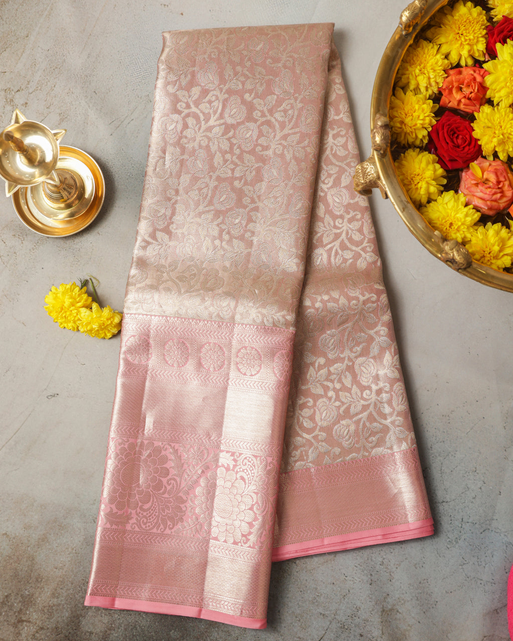 Kanchipuram Tissue Pure Silk Saree – Pastel Baby Pink Bridal with Silver Zari