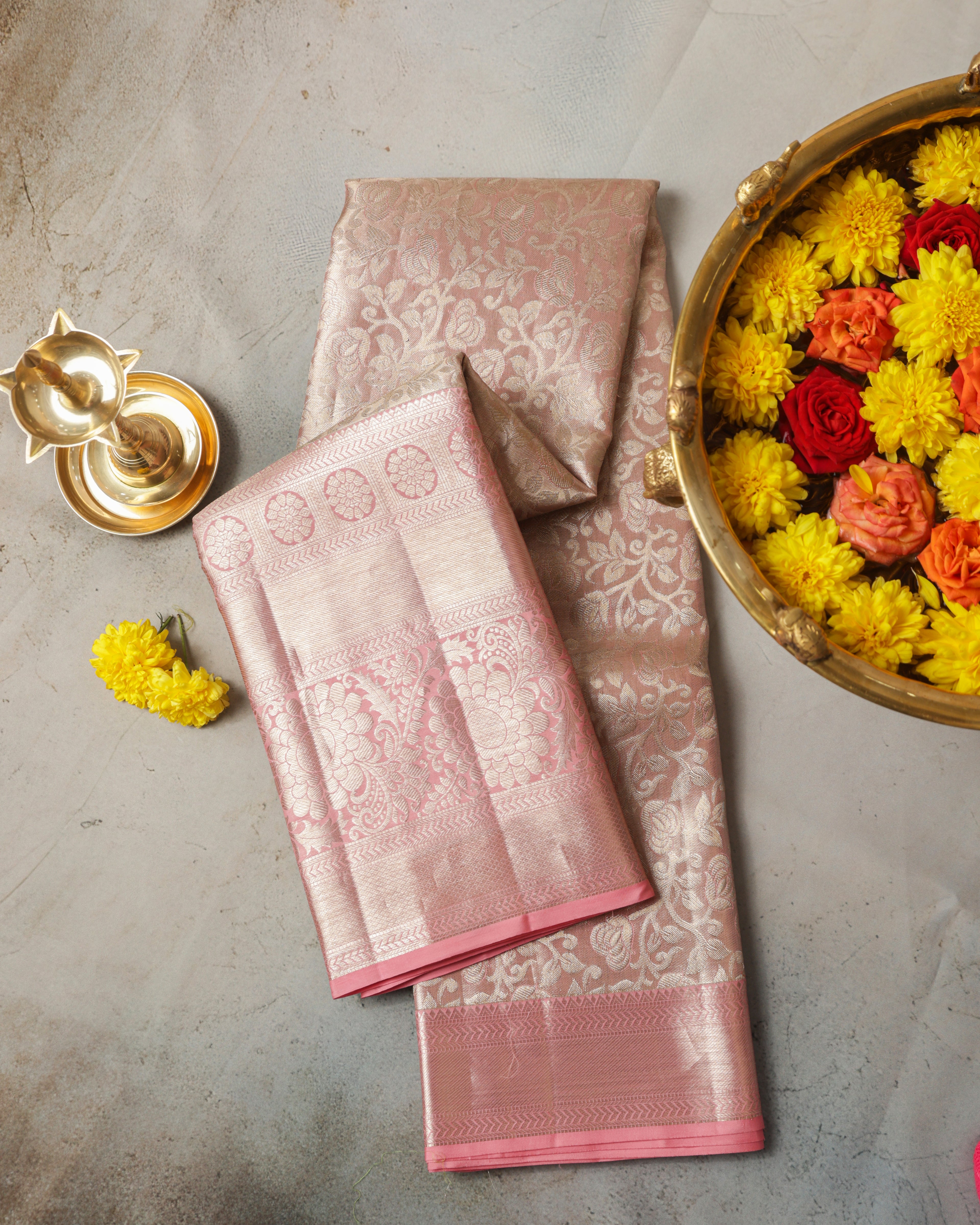 Kanchipuram Tissue Pure Silk Saree – Pastel Baby Pink Bridal with Silver Zari
