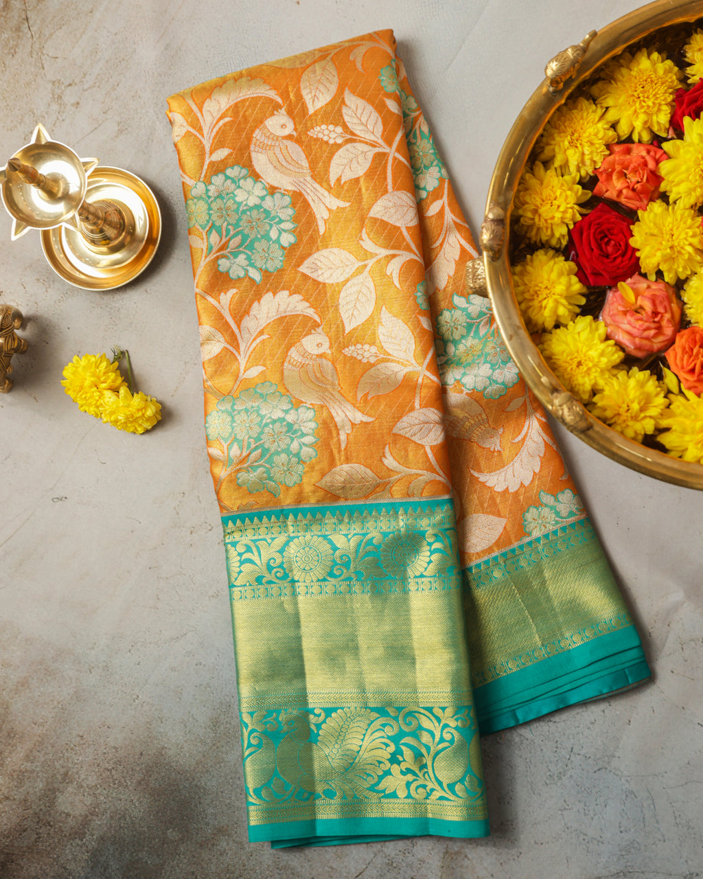 Kanchipuram Tissue Pure Silk Saree – Multicolour Tree Butta Bridal with Golden Zari