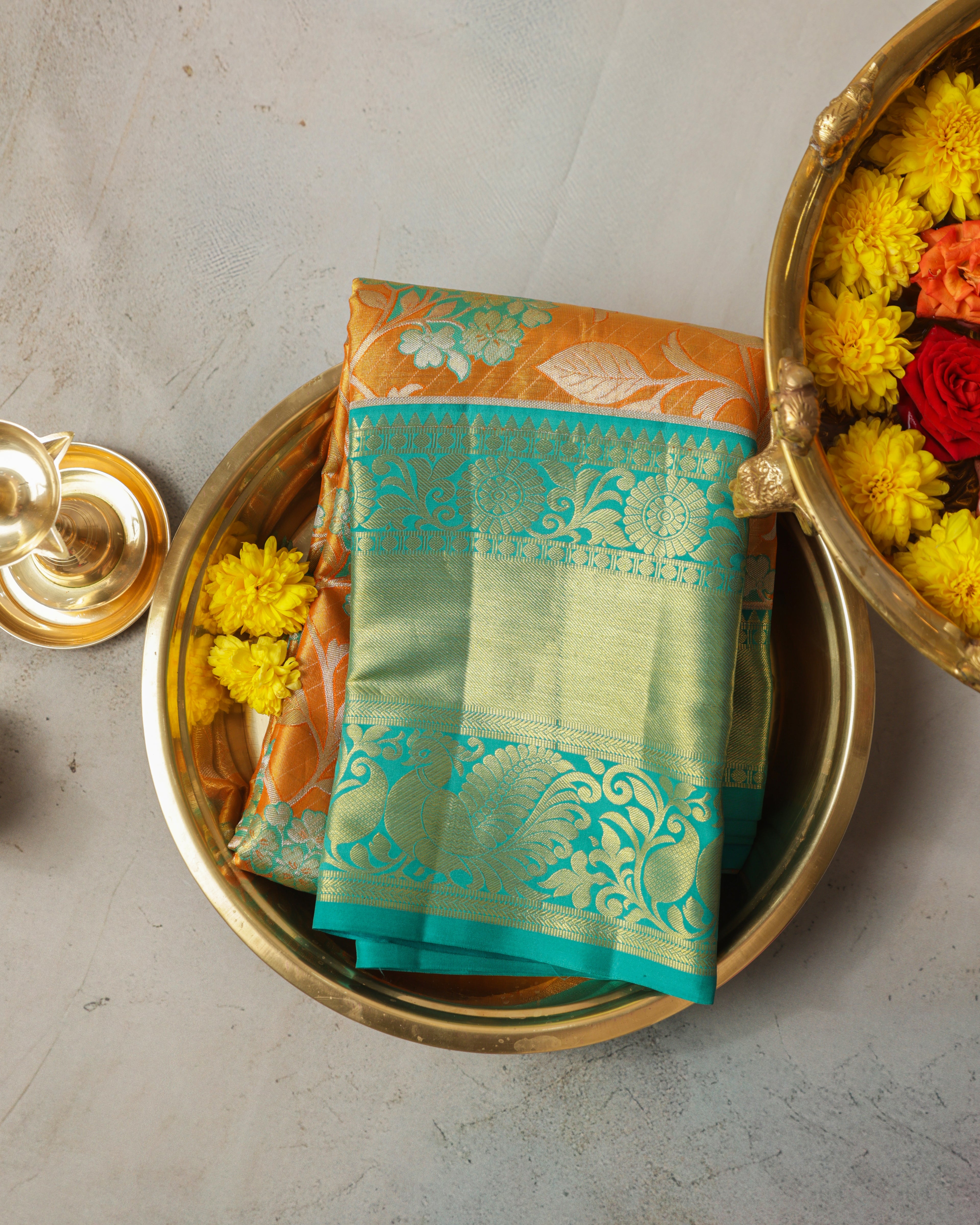 Kanchipuram Tissue Pure Silk Saree – Multicolour Tree Butta Bridal with Golden Zari