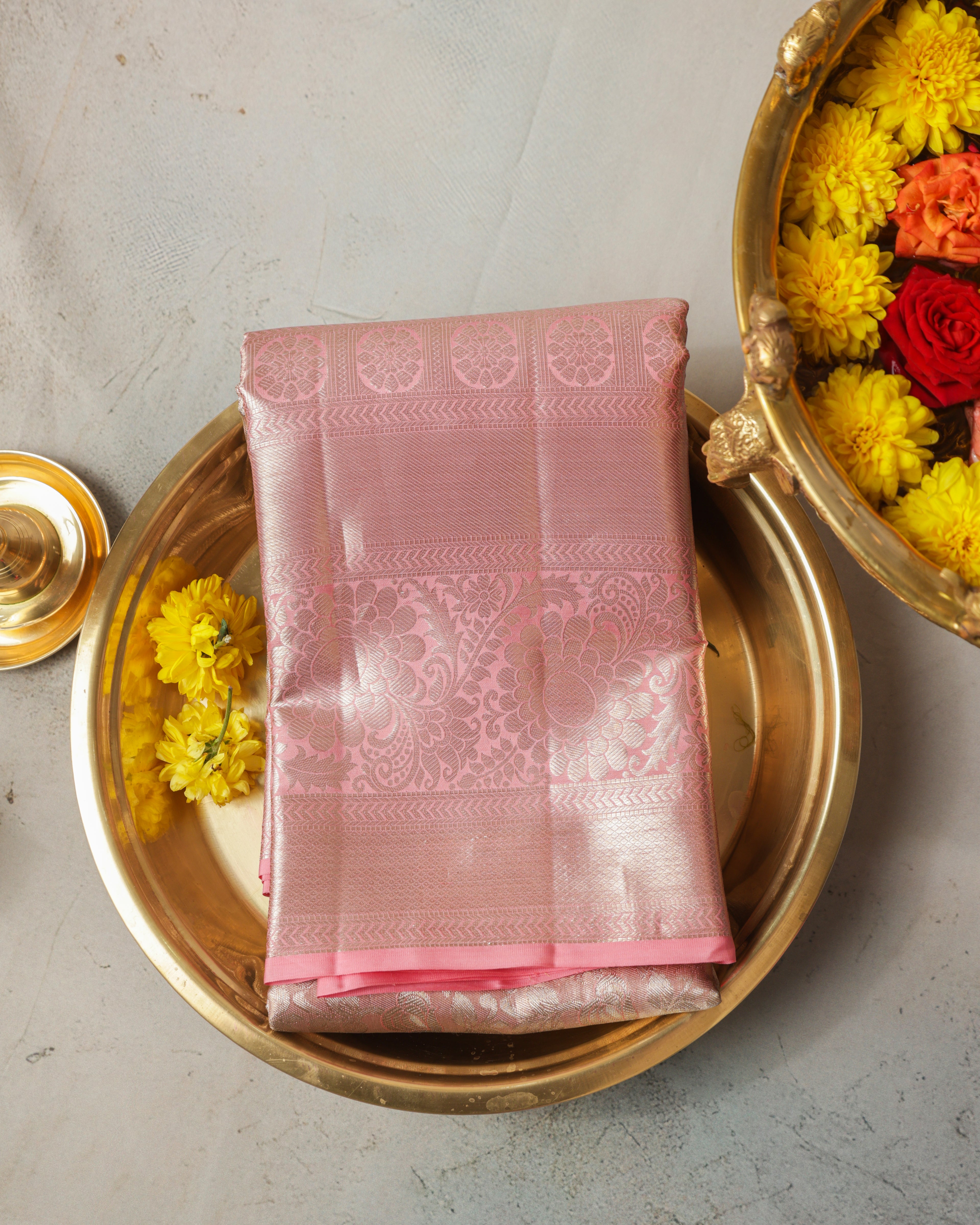 Kanchipuram Tissue Pure Silk Saree – Pastel Baby Pink Bridal with Silver Zari