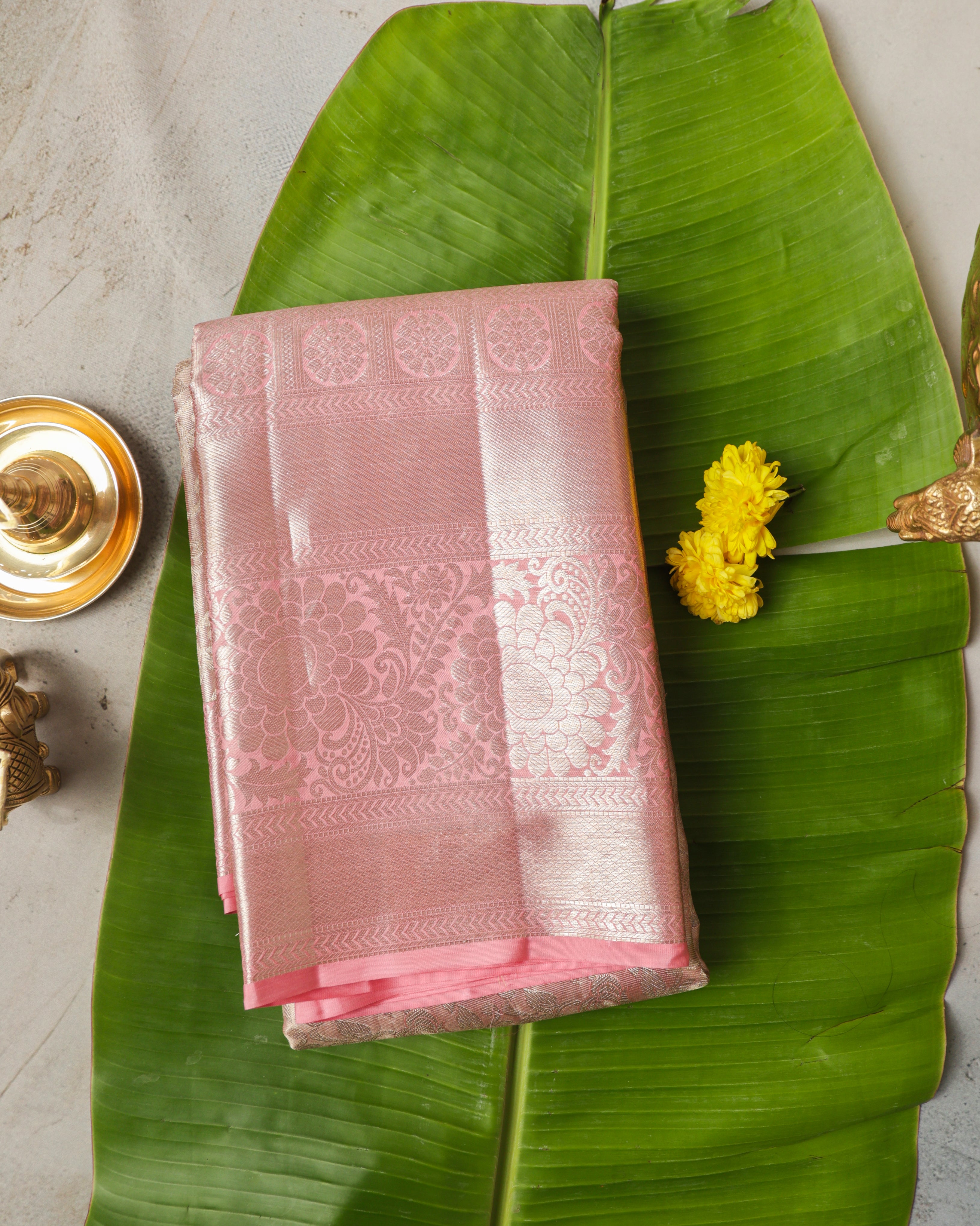 Kanchipuram Tissue Pure Silk Saree – Pastel Baby Pink Bridal with Silver Zari