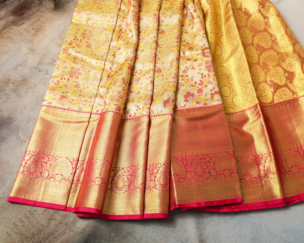 Kanchipuram Tissue Silk Bridal Saree – Meena Kari in Golden Cream & Rani Pink
