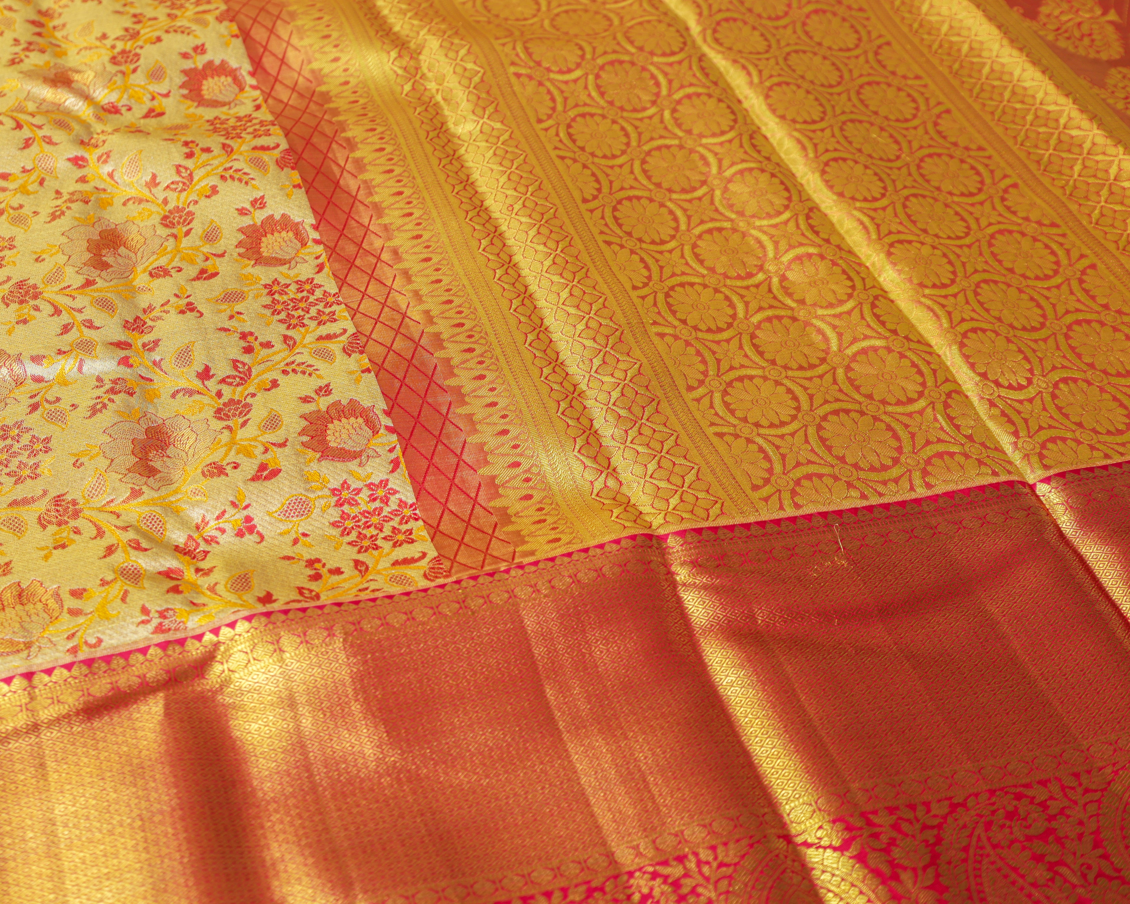 Kanchipuram Tissue Silk Bridal Saree – Meena Kari in Golden Cream & Rani Pink