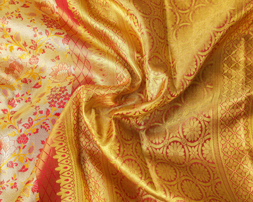 Kanchipuram Tissue Silk Bridal Saree – Meena Kari in Golden Cream & Rani Pink