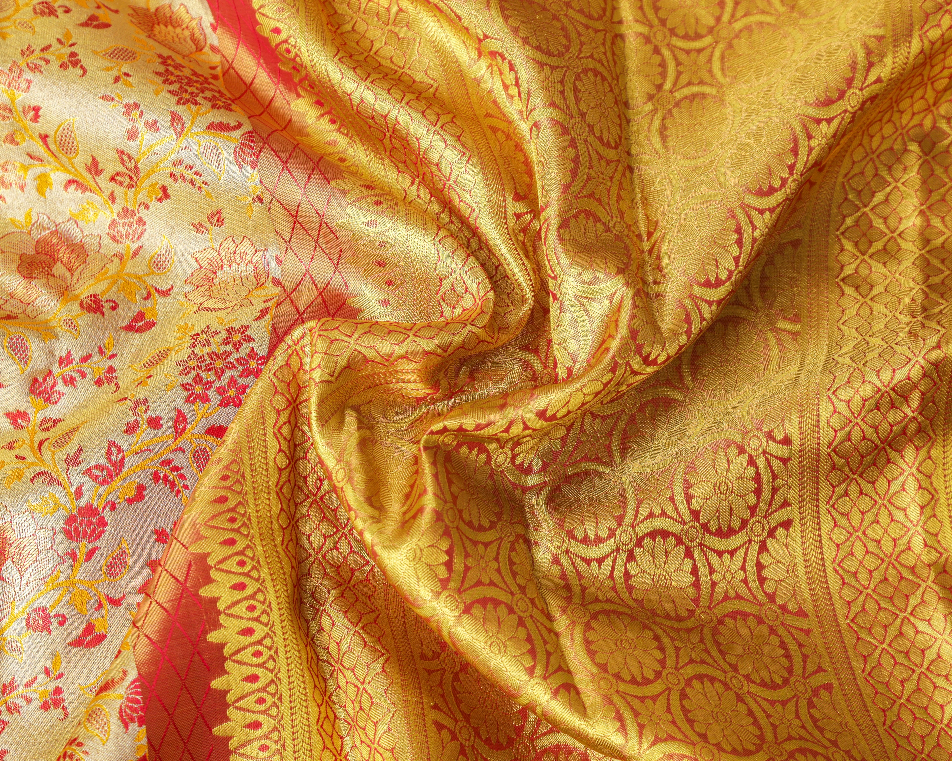 Kanchipuram Tissue Silk Bridal Saree – Meena Kari in Golden Cream & Rani Pink