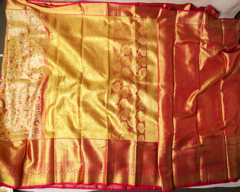 Kanchipuram Tissue Silk Bridal Saree – Meena Kari in Golden Cream & Rani Pink