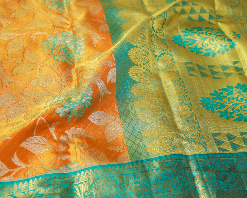 Kanchipuram Tissue Pure Silk Saree – Multicolour Tree Butta Bridal with Golden Zari