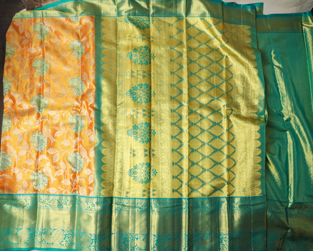 Kanchipuram Tissue Pure Silk Saree – Multicolour Tree Butta Bridal with Golden Zari