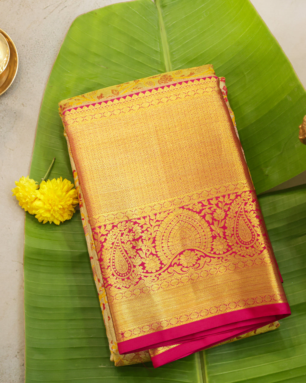 Kanchipuram Tissue Silk Bridal Saree – Meena Kari in Golden Cream & Rani Pink