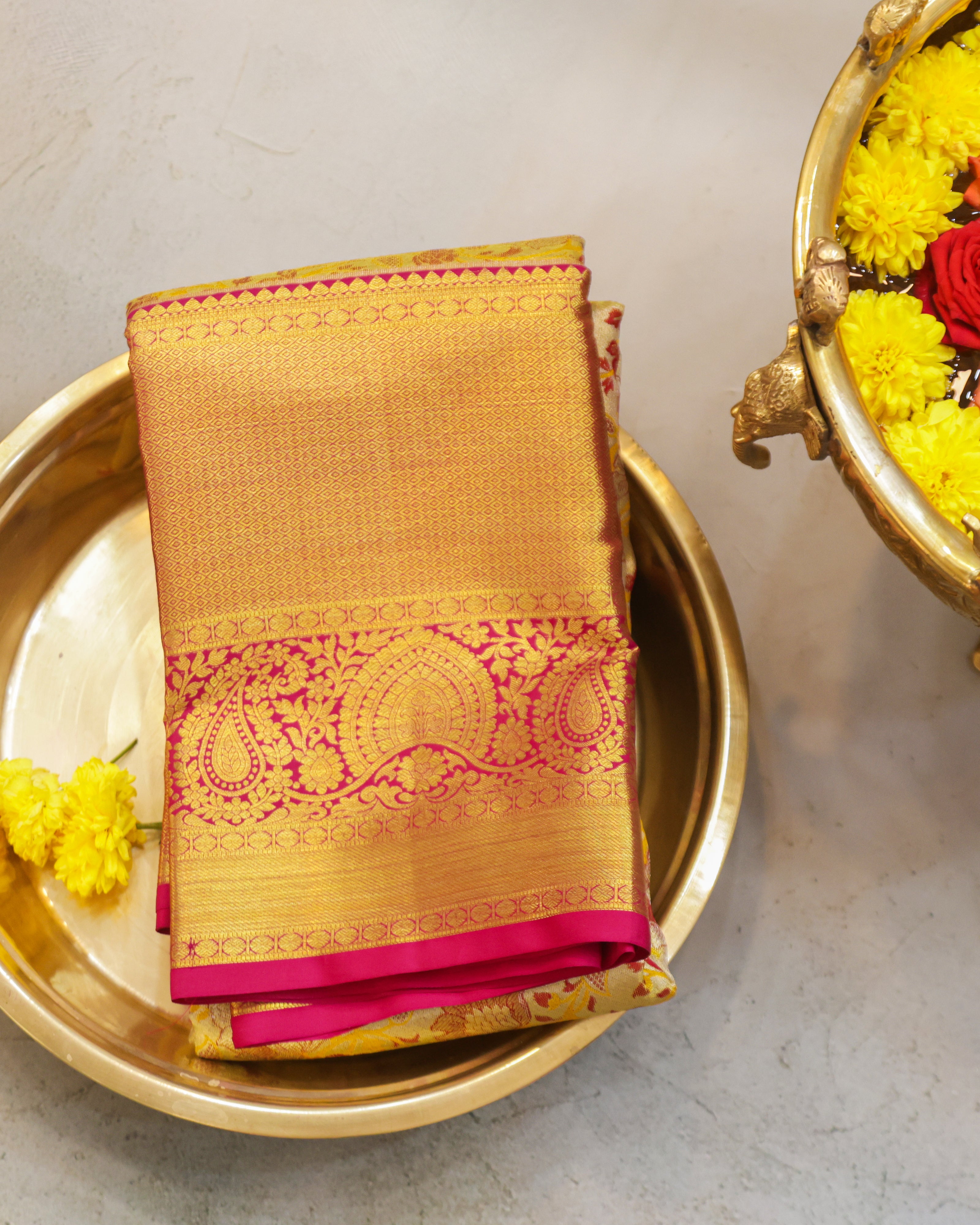 Kanchipuram Tissue Silk Bridal Saree – Meena Kari in Golden Cream & Rani Pink