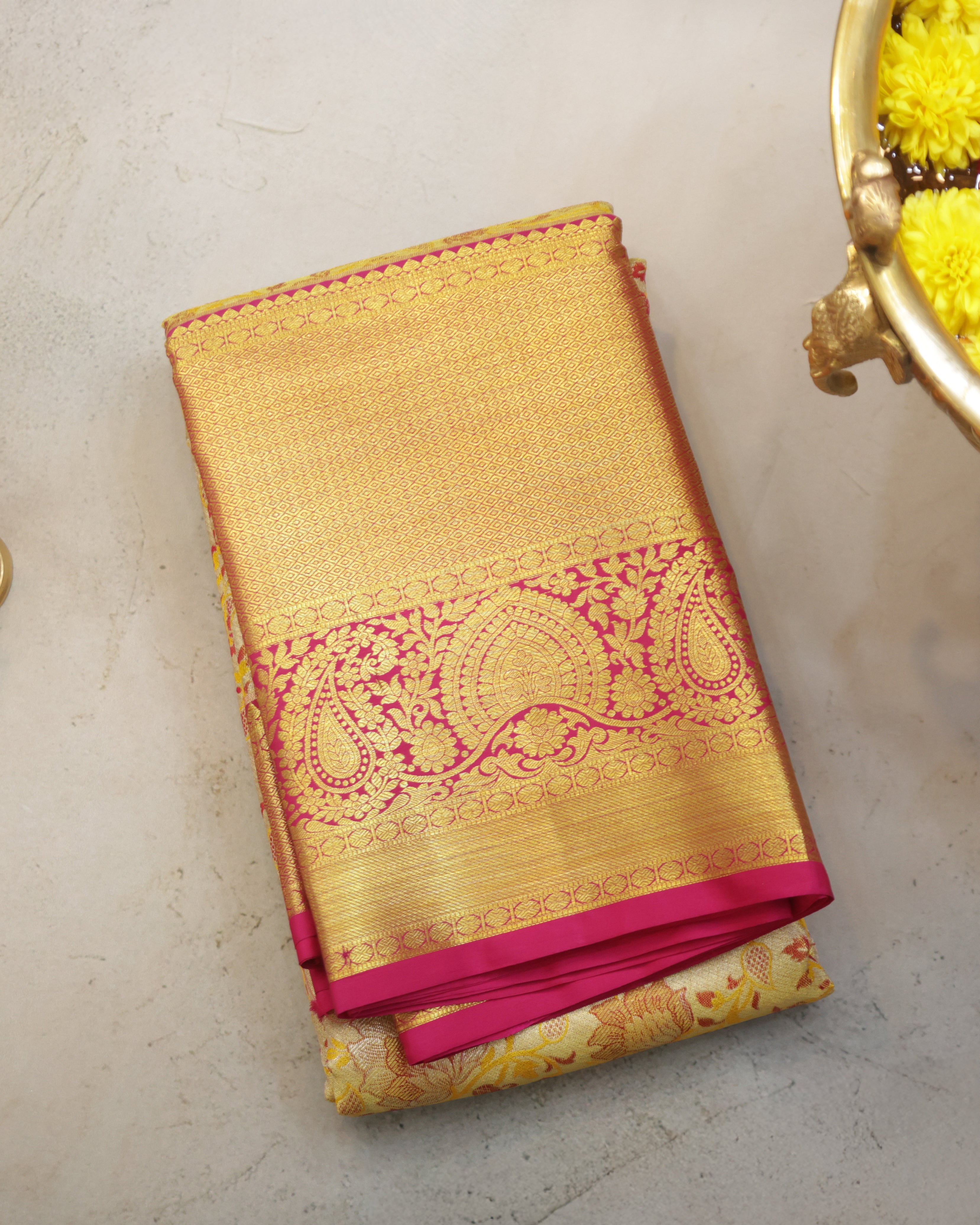 Kanchipuram Tissue Silk Bridal Saree – Meena Kari in Golden Cream & Rani Pink