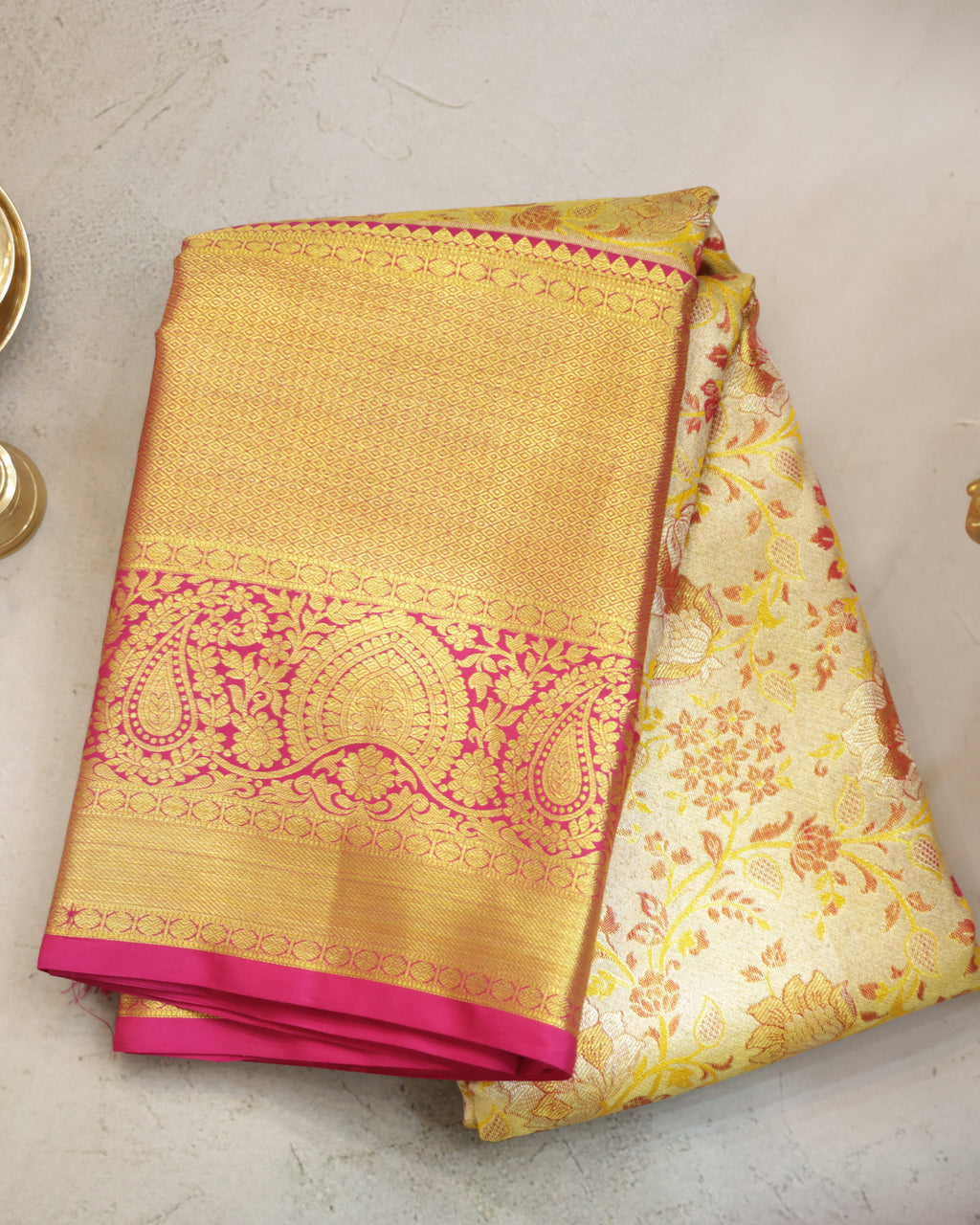 Kanchipuram Tissue Silk Bridal Saree – Meena Kari in Golden Cream & Rani Pink