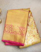 Kanchipuram Tissue Silk Bridal Saree – Meena Kari in Golden Cream & Rani Pink