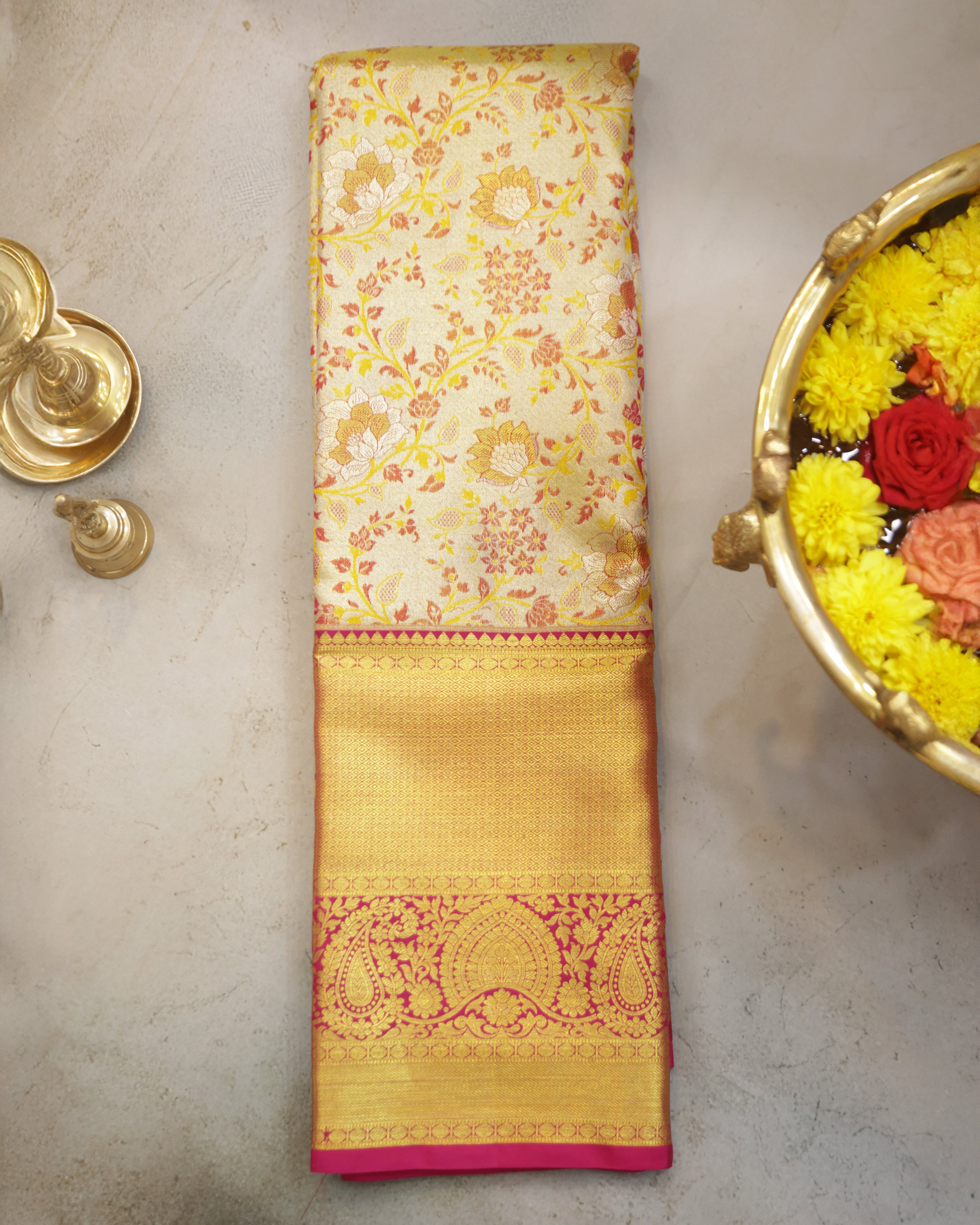 Kanchipuram Tissue Silk Bridal Saree – Meena Kari in Golden Cream & Rani Pink