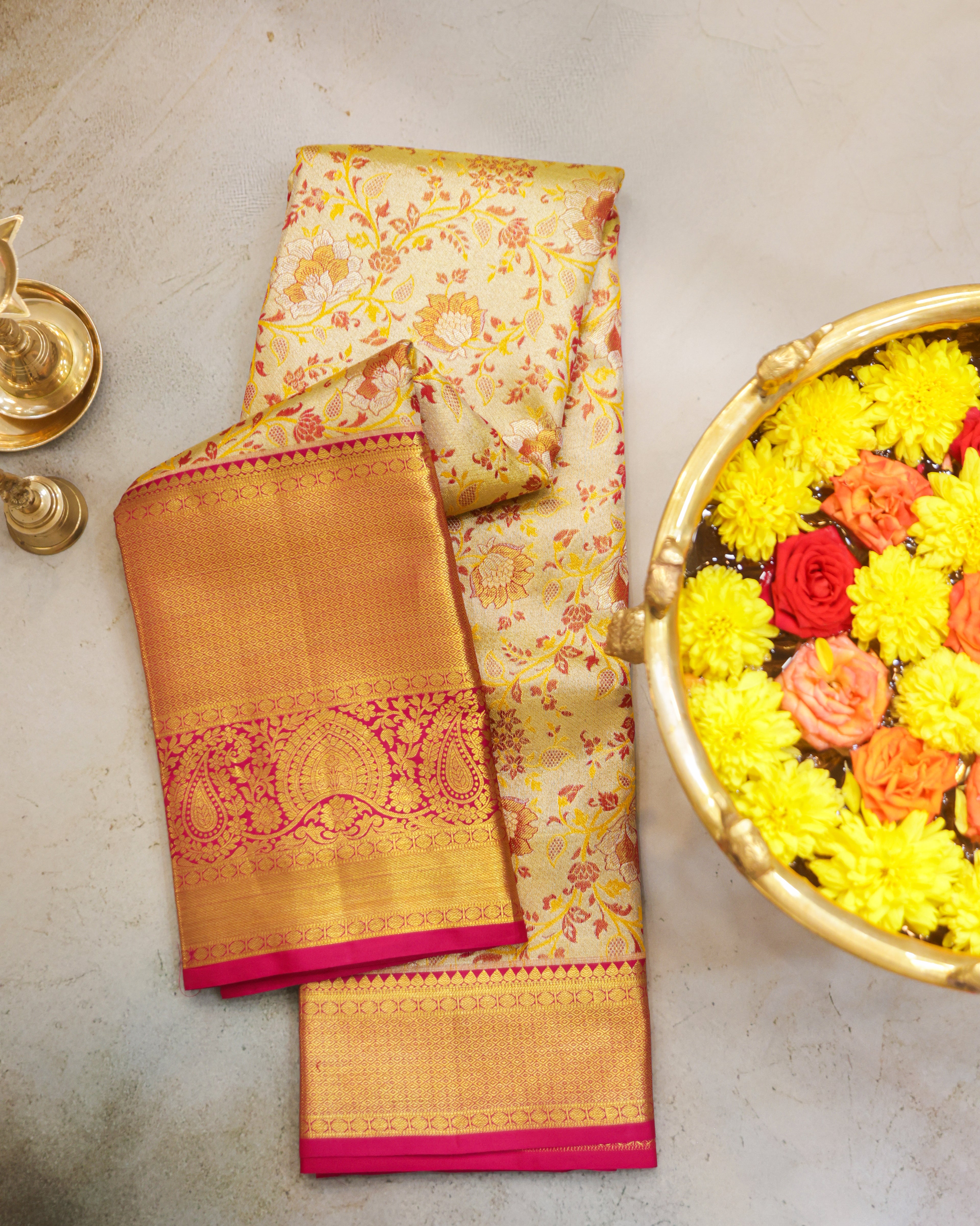 Kanchipuram Tissue Silk Bridal Saree – Meena Kari in Golden Cream & Rani Pink