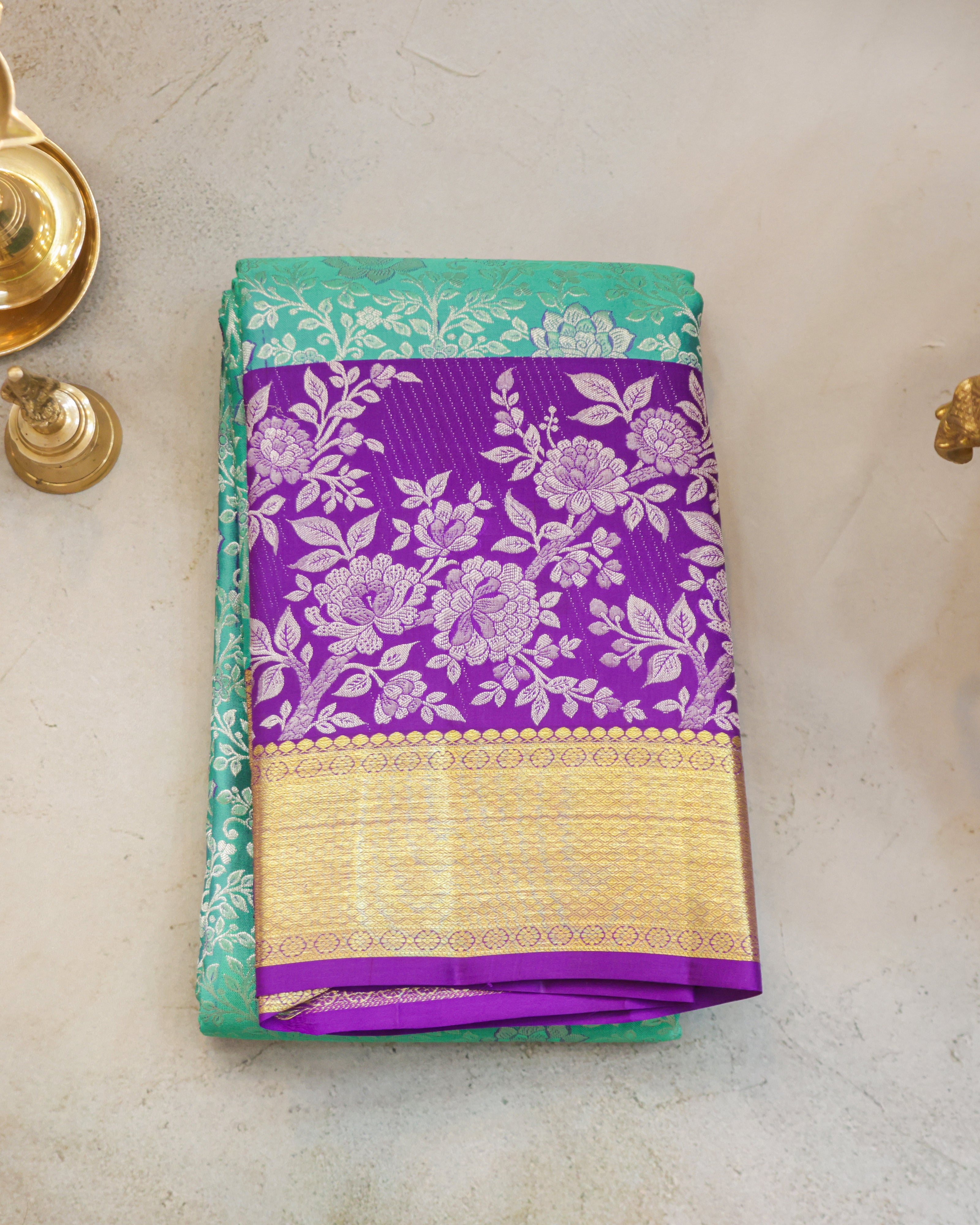 Kanchipuram Pure Silk Bridal Saree in Dark Sea Green & Purple