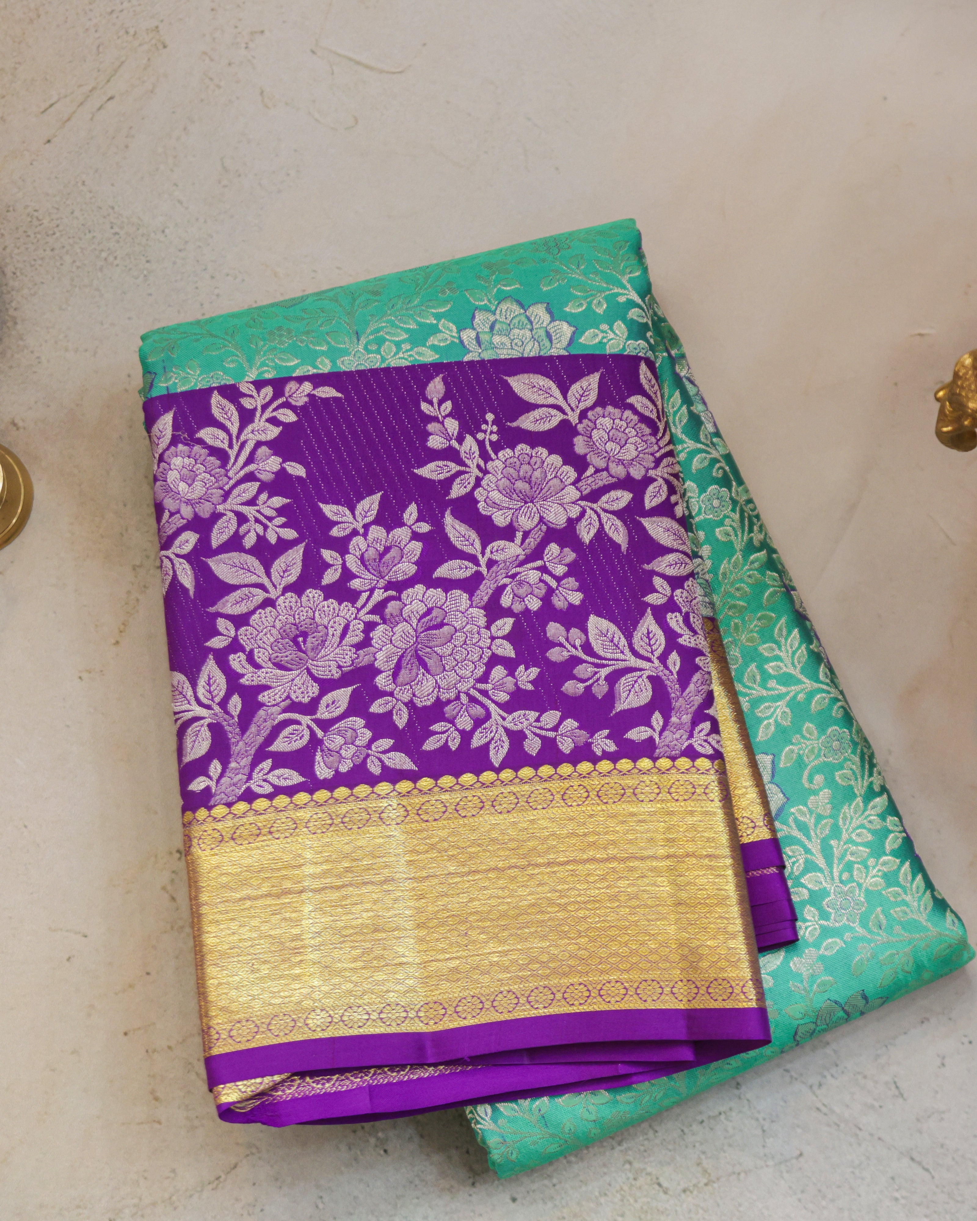 Kanchipuram Pure Silk Bridal Saree in Dark Sea Green & Purple