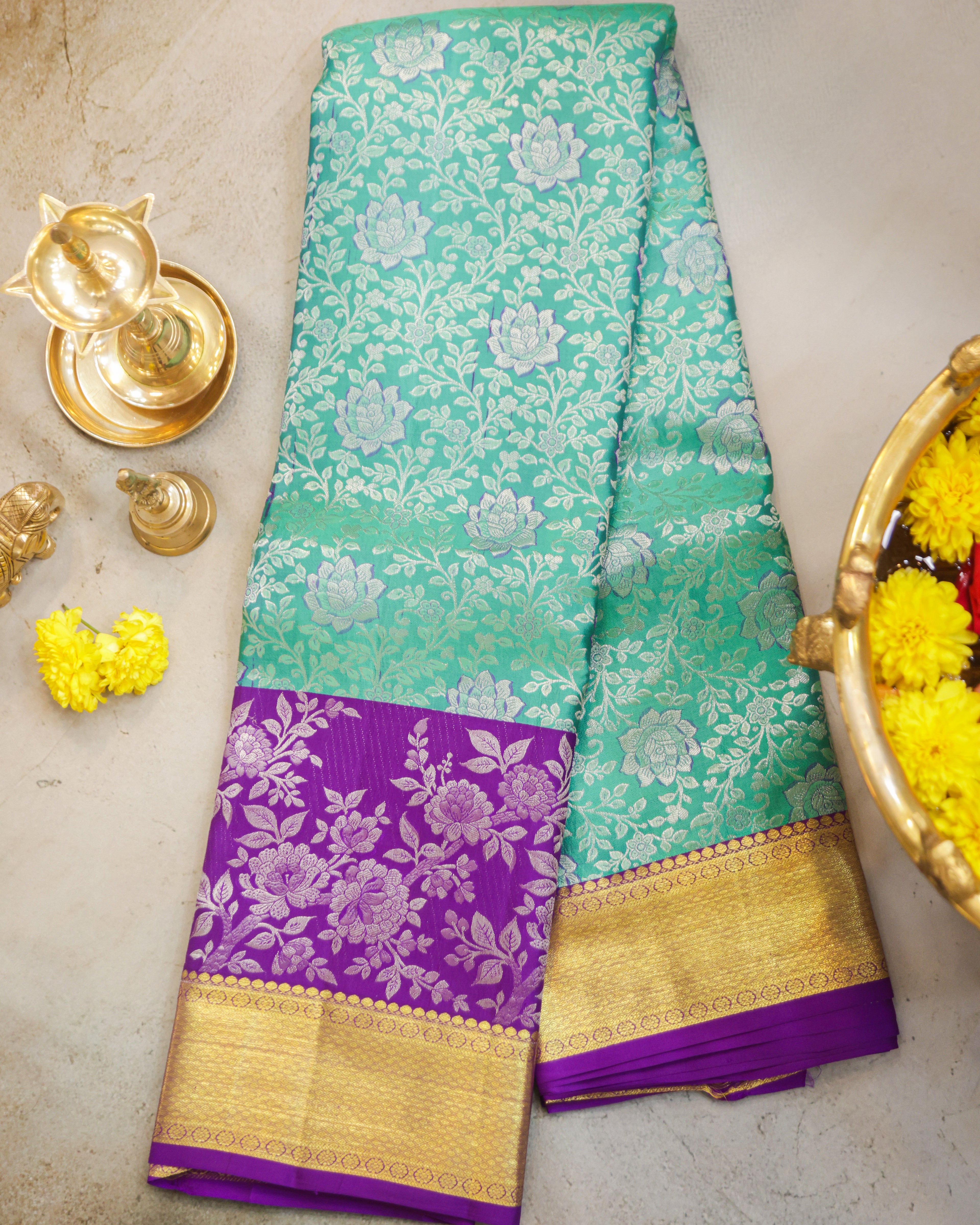 Kanchipuram Pure Silk Bridal Saree in Dark Sea Green & Purple