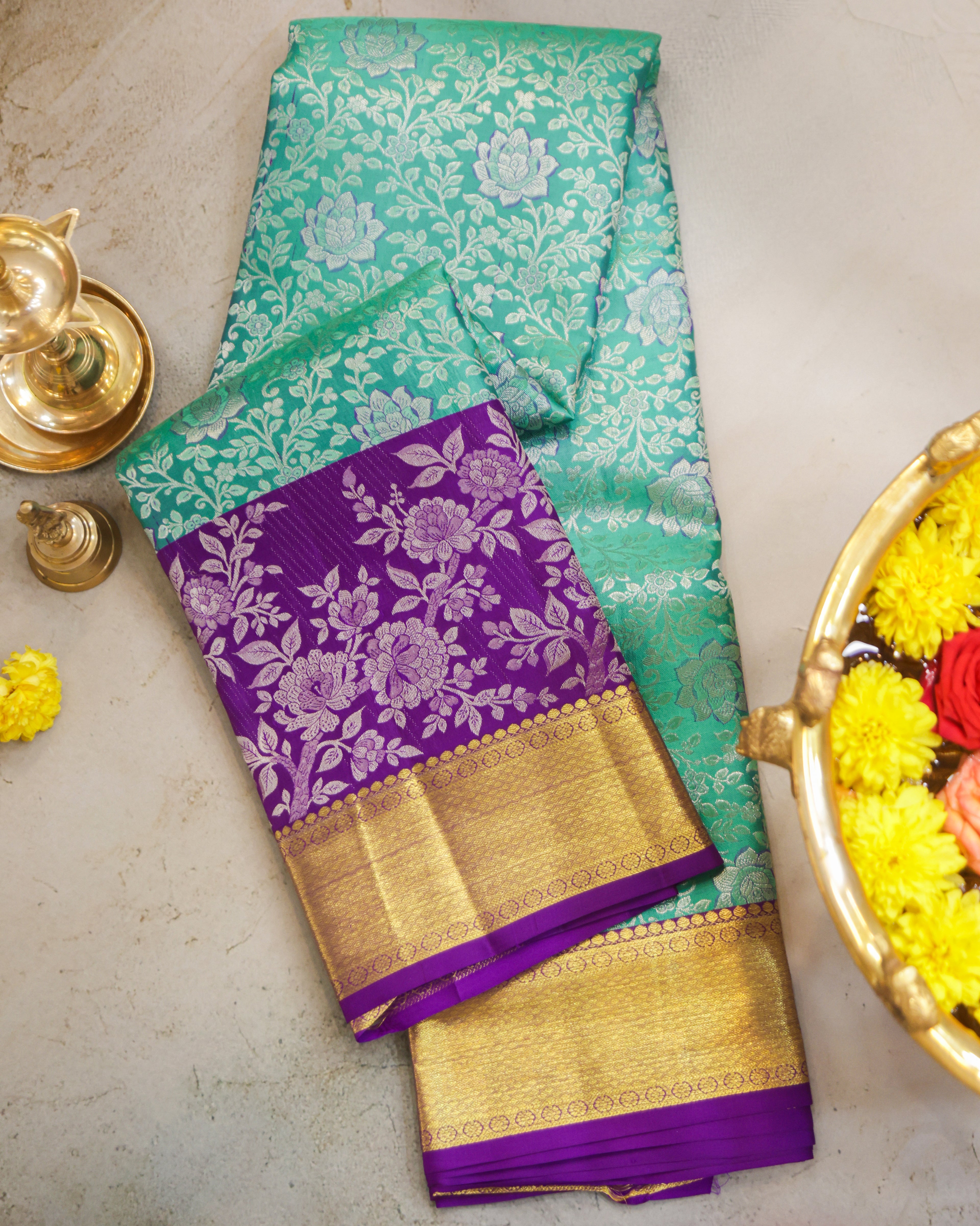 Kanchipuram Pure Silk Bridal Saree in Dark Sea Green & Purple