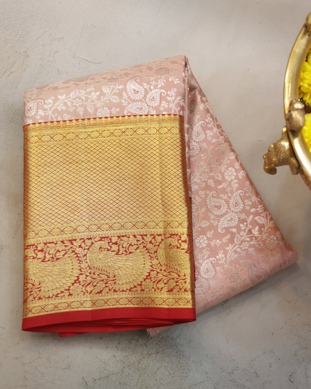 Kanchipuram Pure Silk Bridal Saree – Cream & Red Dual Shade