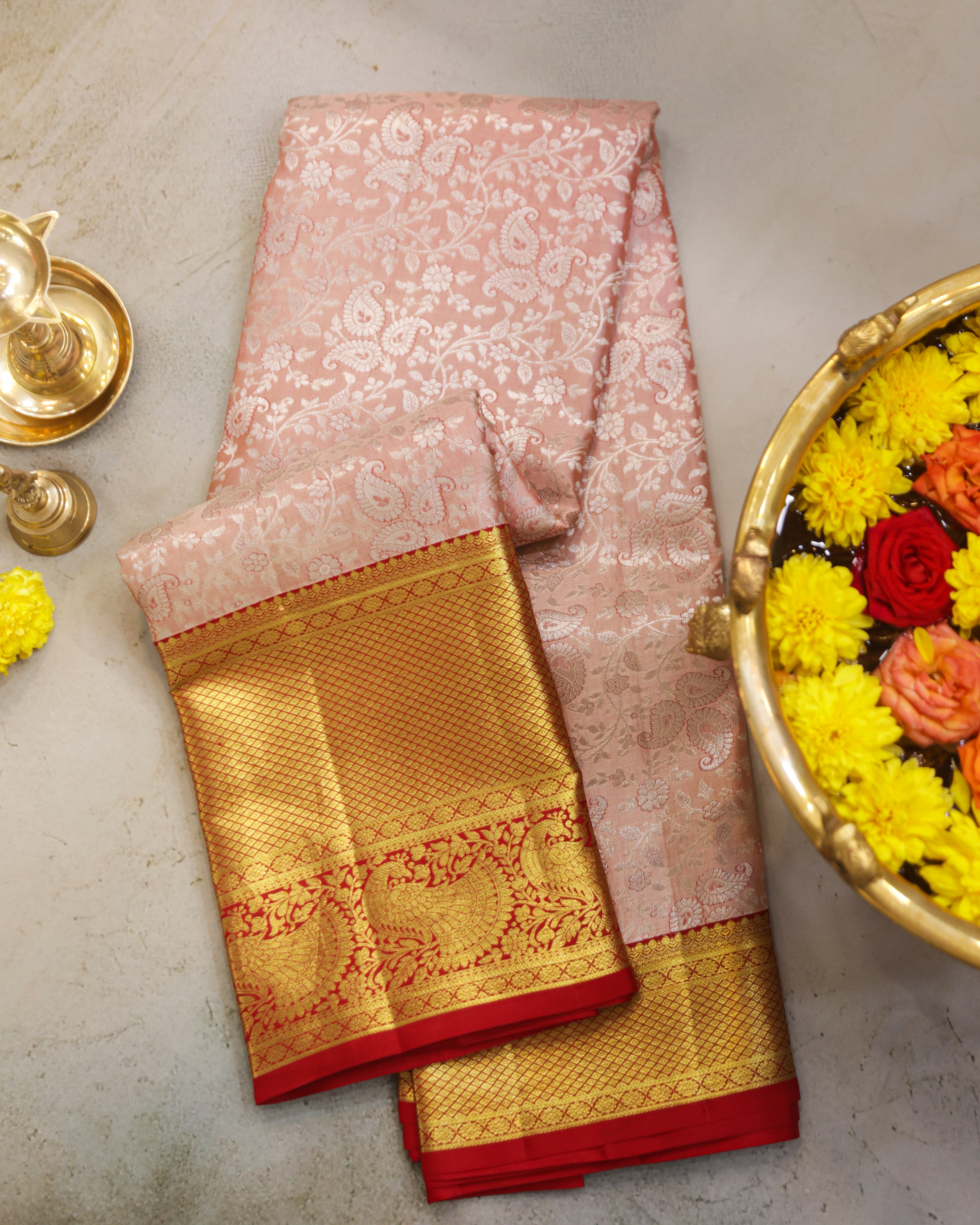 Kanchipuram Pure Silk Bridal Saree – Cream & Red Dual Shade