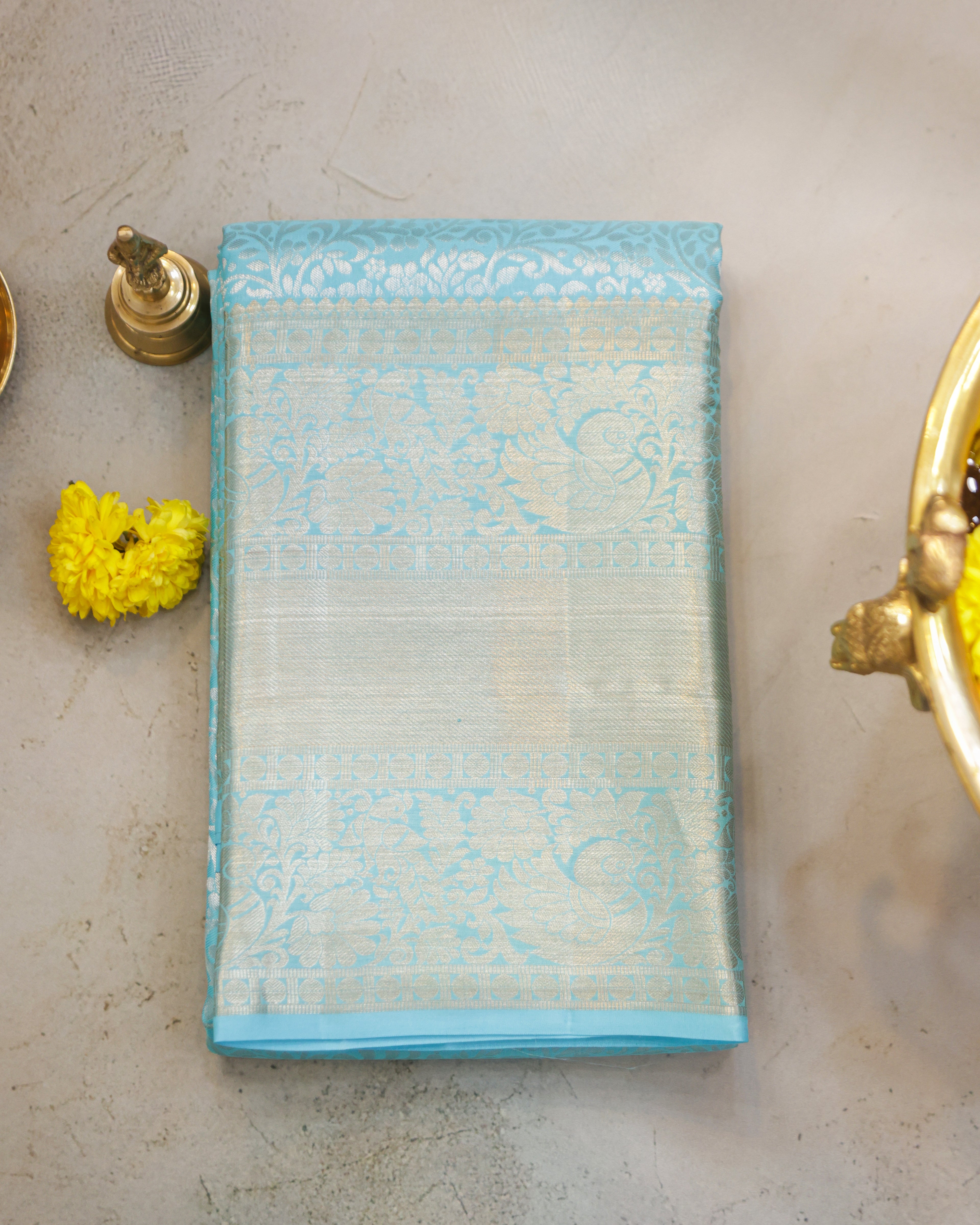 Kanchipuram Pure Silk Saree – Sky Blue All-Over Self Design