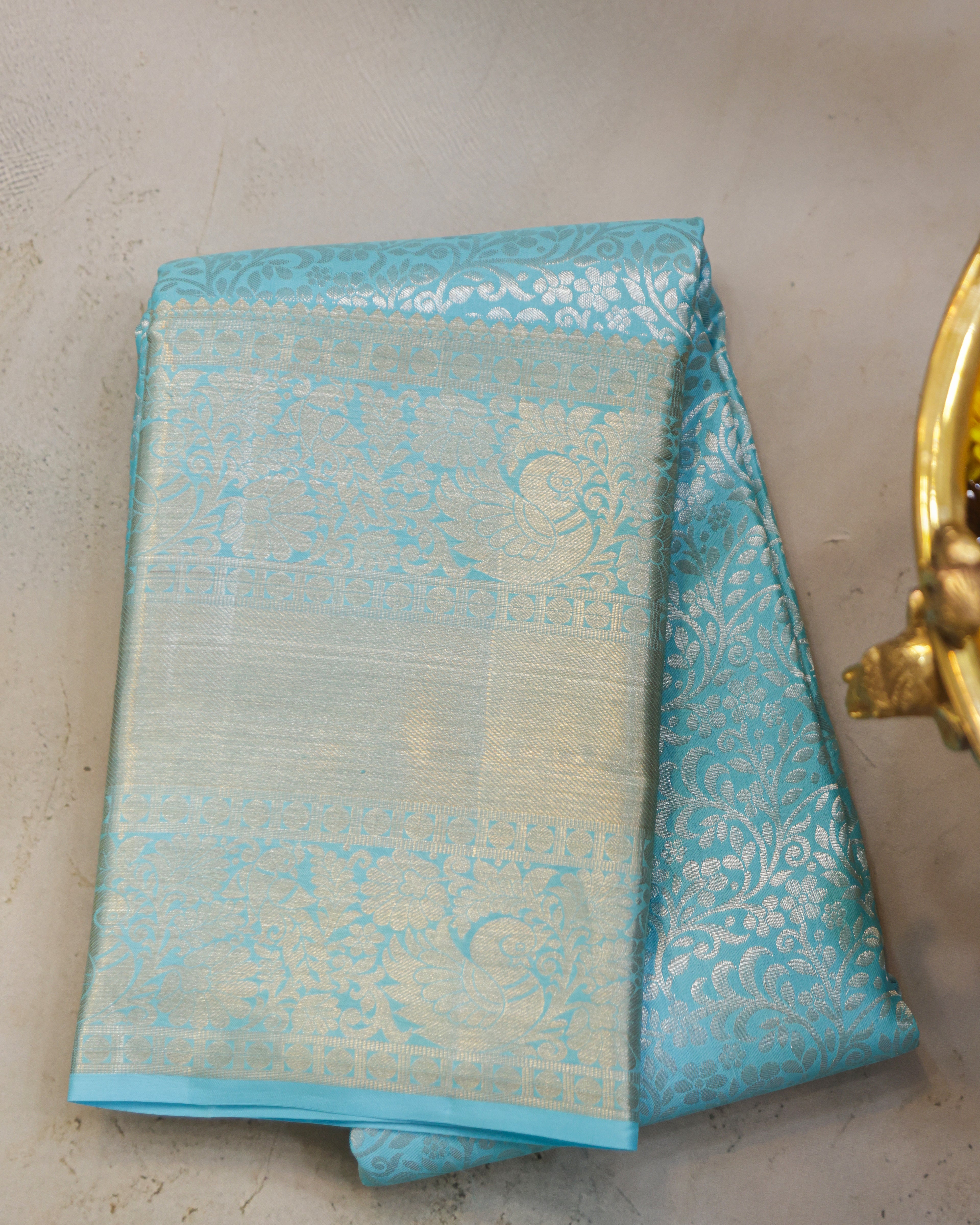 Kanchipuram Pure Silk Saree – Sky Blue All-Over Self Design