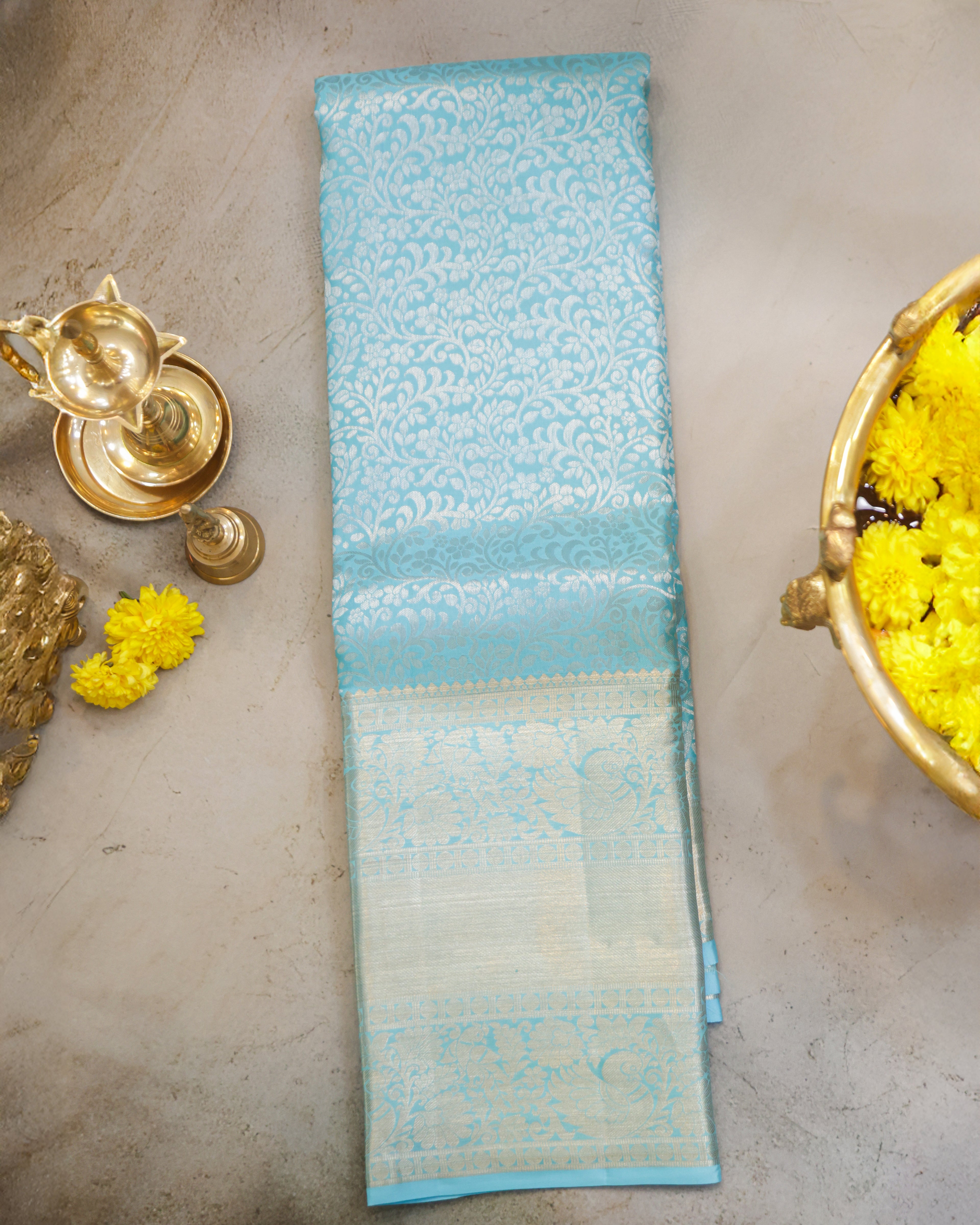 Kanchipuram Pure Silk Saree – Sky Blue All-Over Self Design