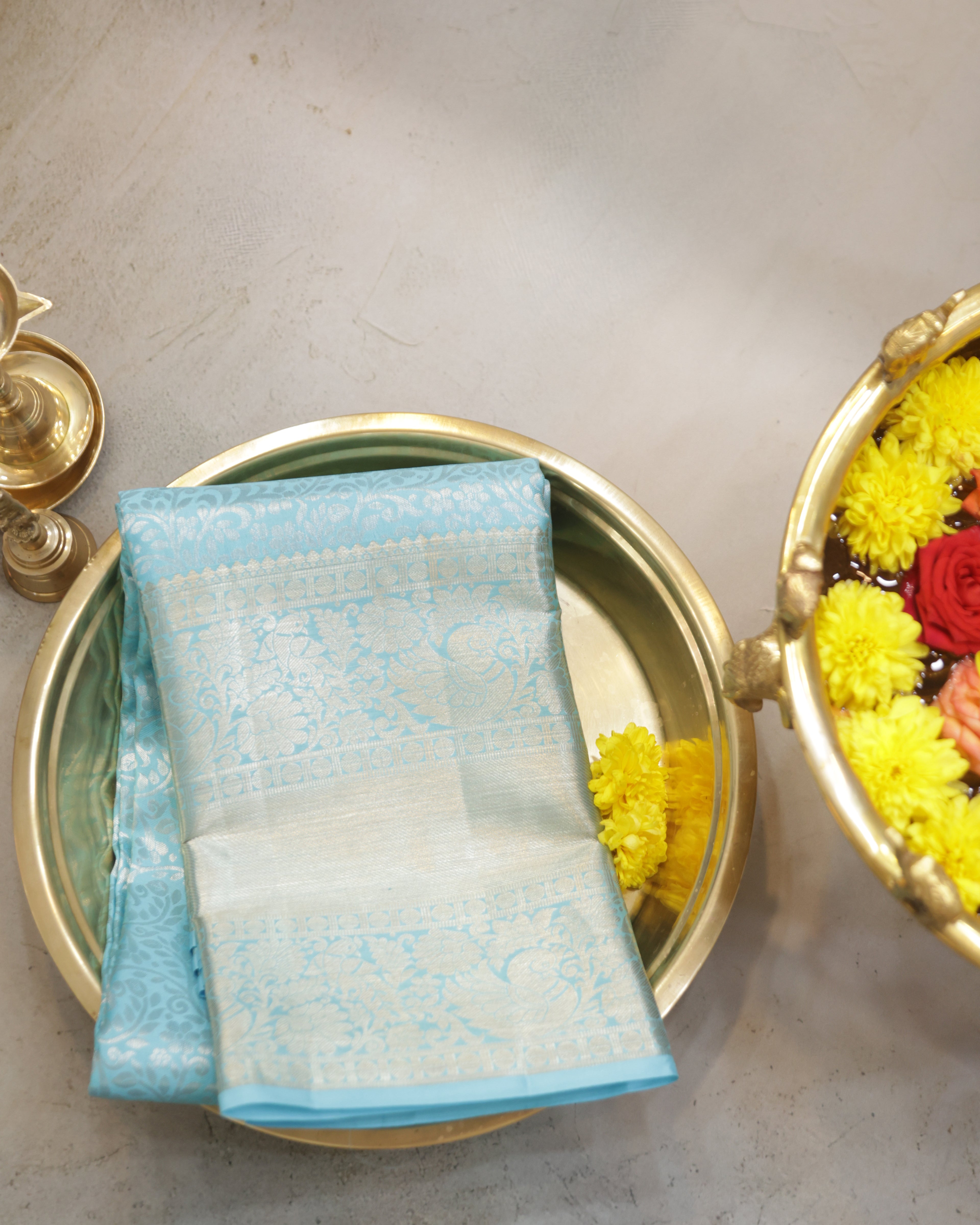 Kanchipuram Pure Silk Saree – Sky Blue All-Over Self Design