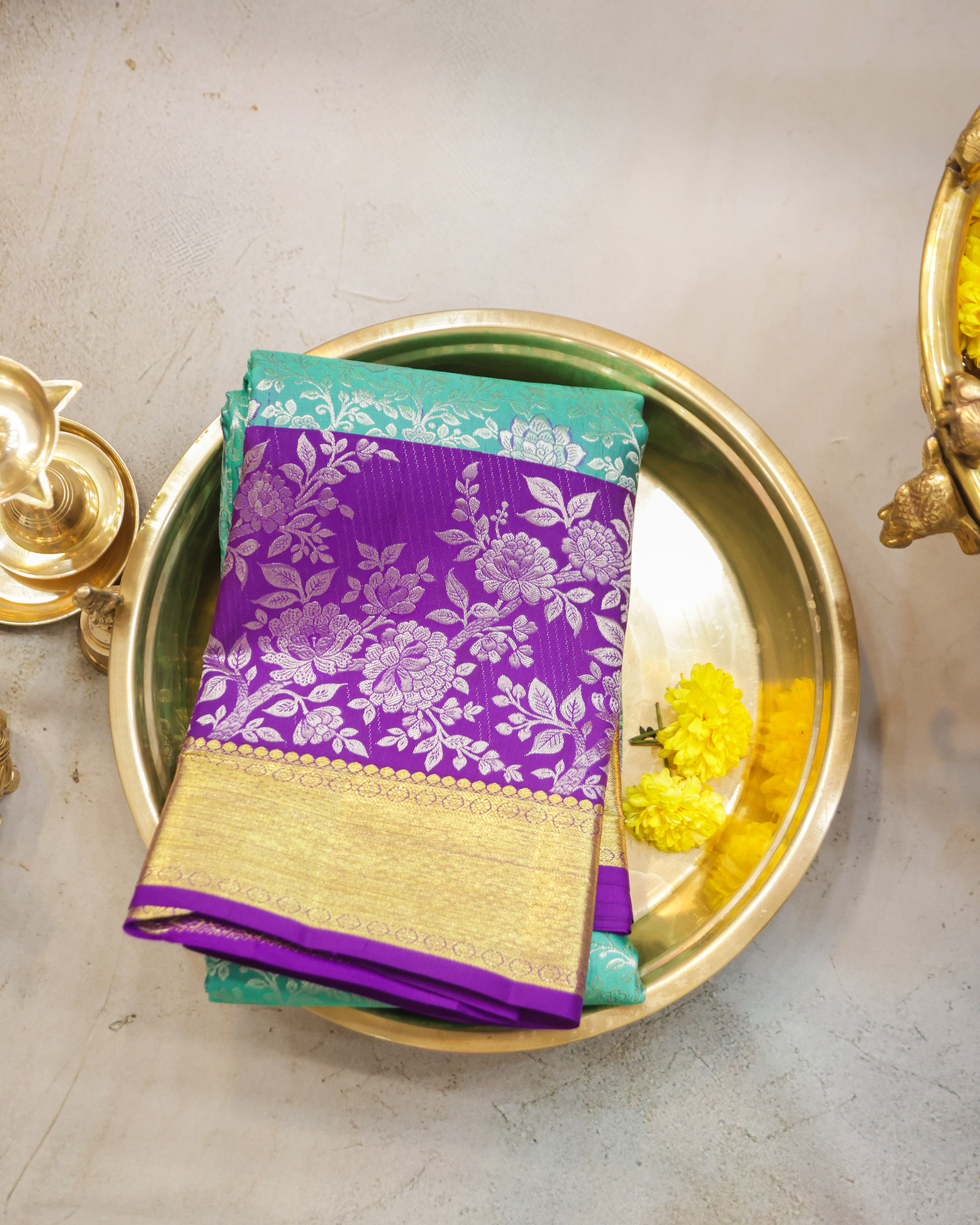 Kanchipuram Pure Silk Bridal Saree in Dark Sea Green & Purple