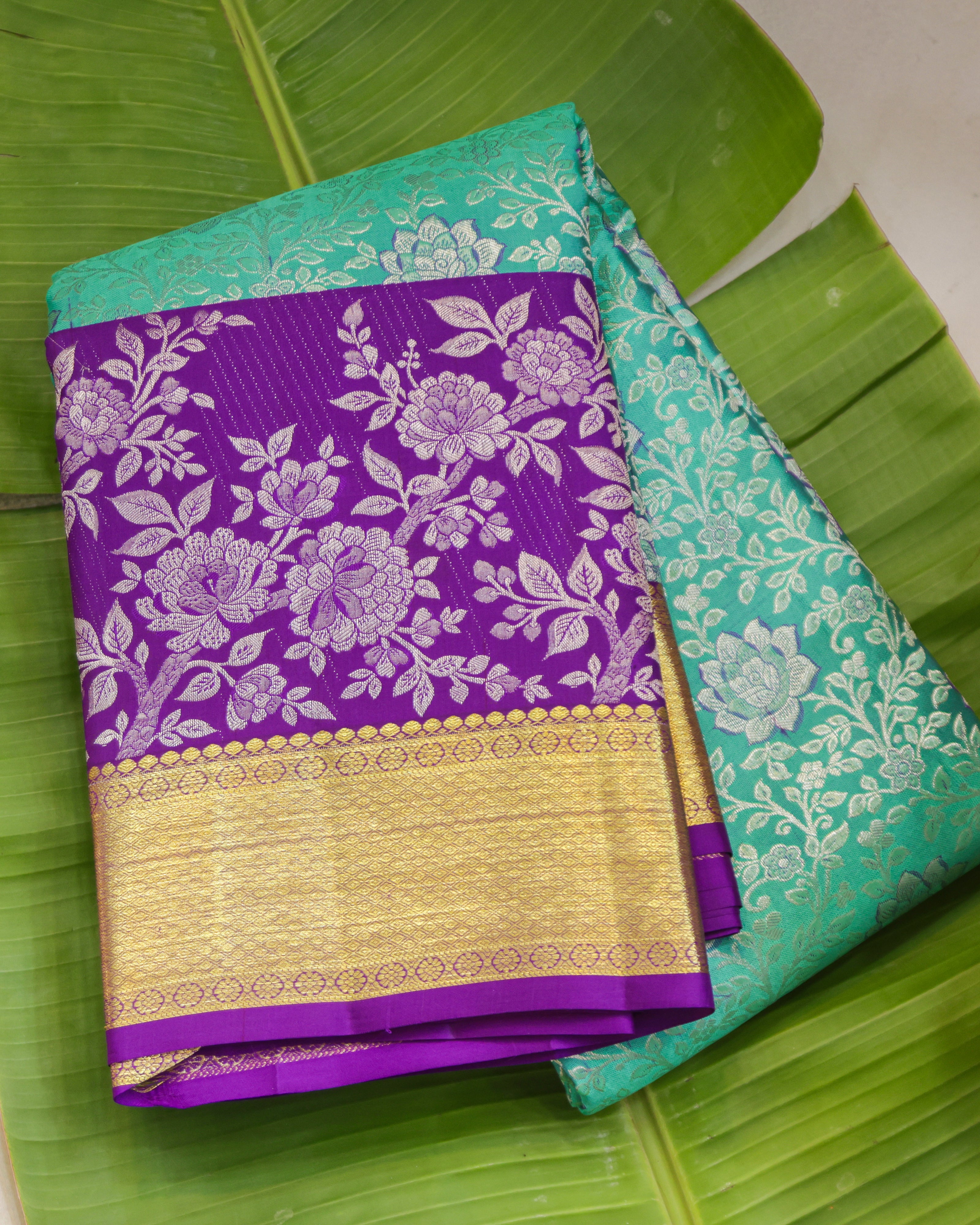 Kanchipuram Pure Silk Bridal Saree in Dark Sea Green & Purple