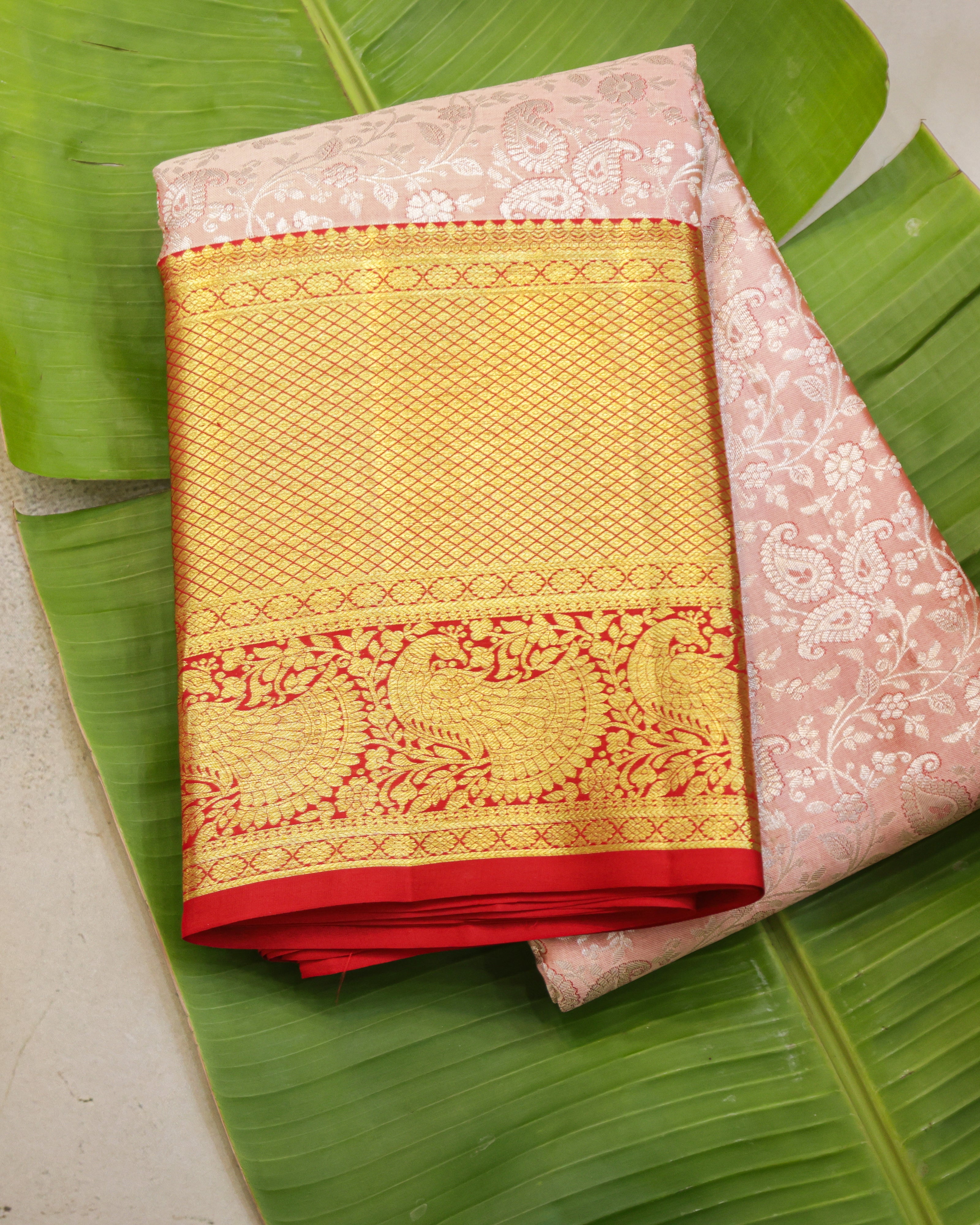 Kanchipuram Pure Silk Bridal Saree – Cream & Red Dual Shade
