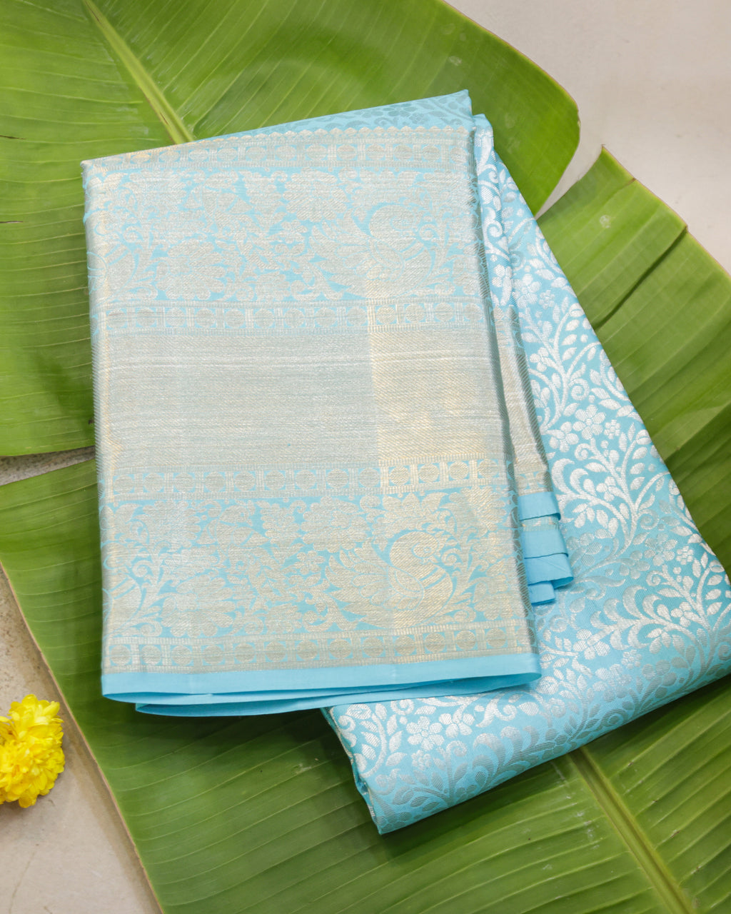 Kanchipuram Pure Silk Saree – Sky Blue All-Over Self Design