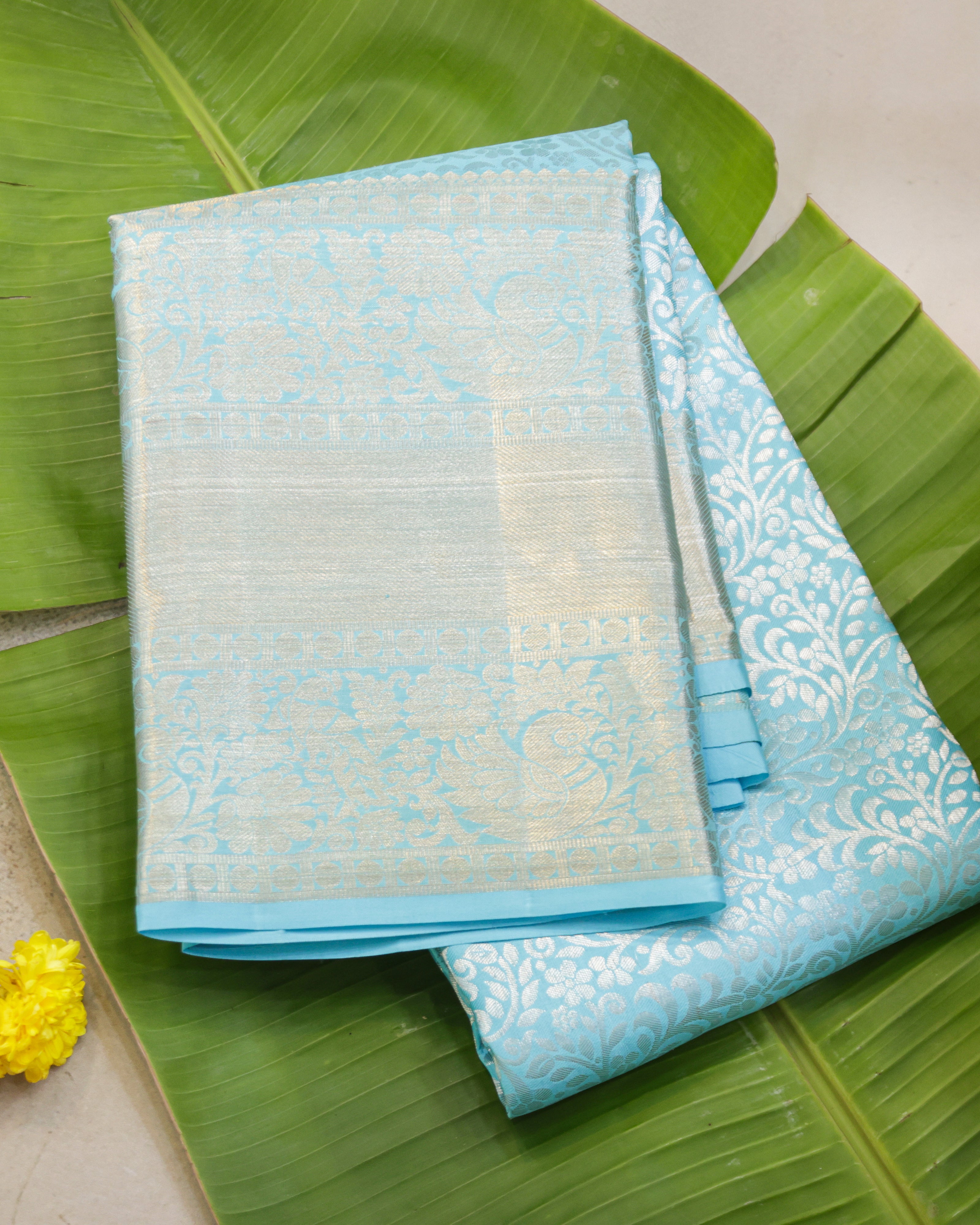 Kanchipuram Pure Silk Saree – Sky Blue All-Over Self Design