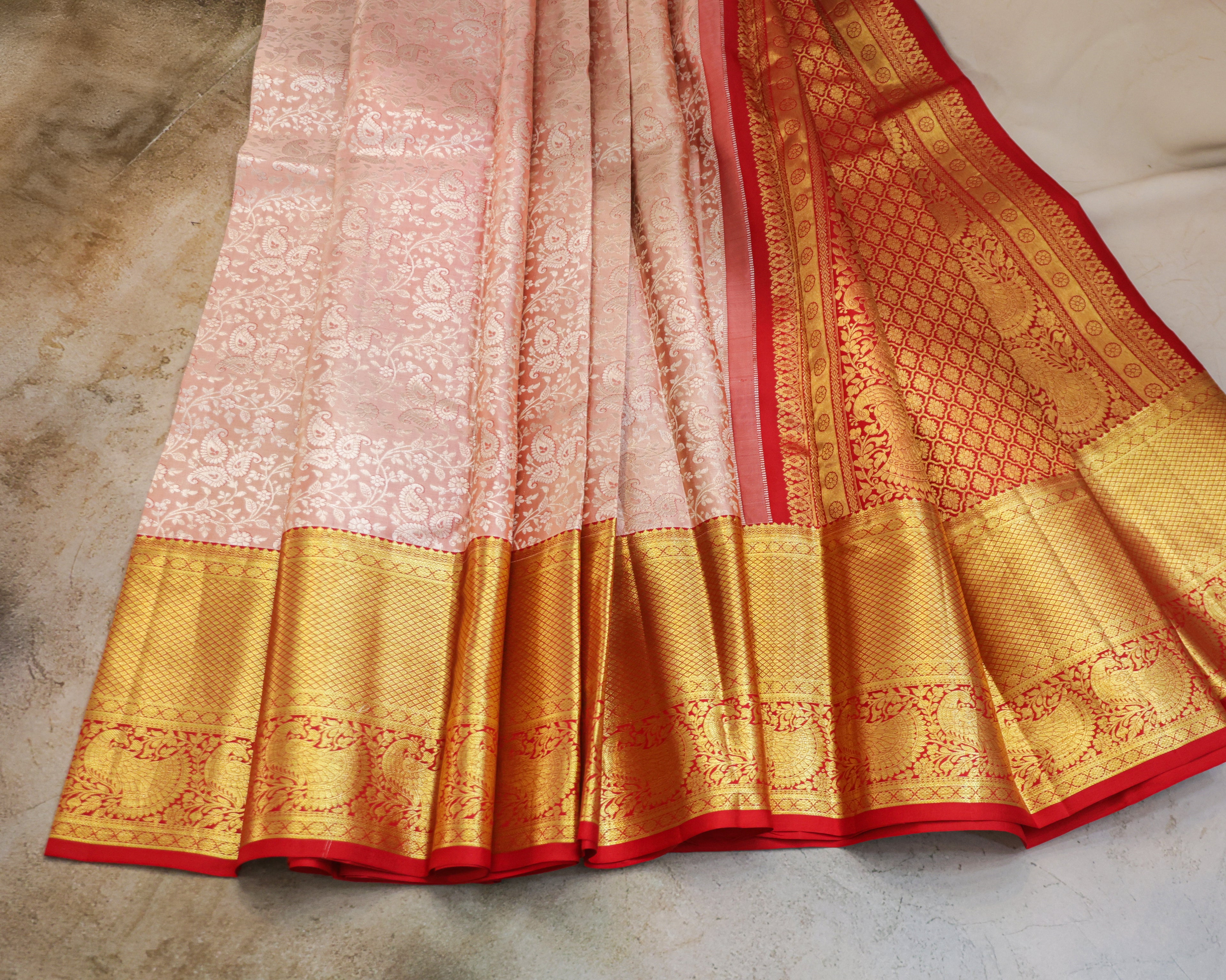 Kanchipuram Pure Silk Bridal Saree – Cream & Red Dual Shade
