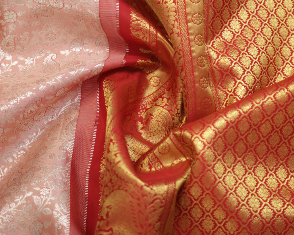 Kanchipuram Pure Silk Bridal Saree – Cream & Red Dual Shade