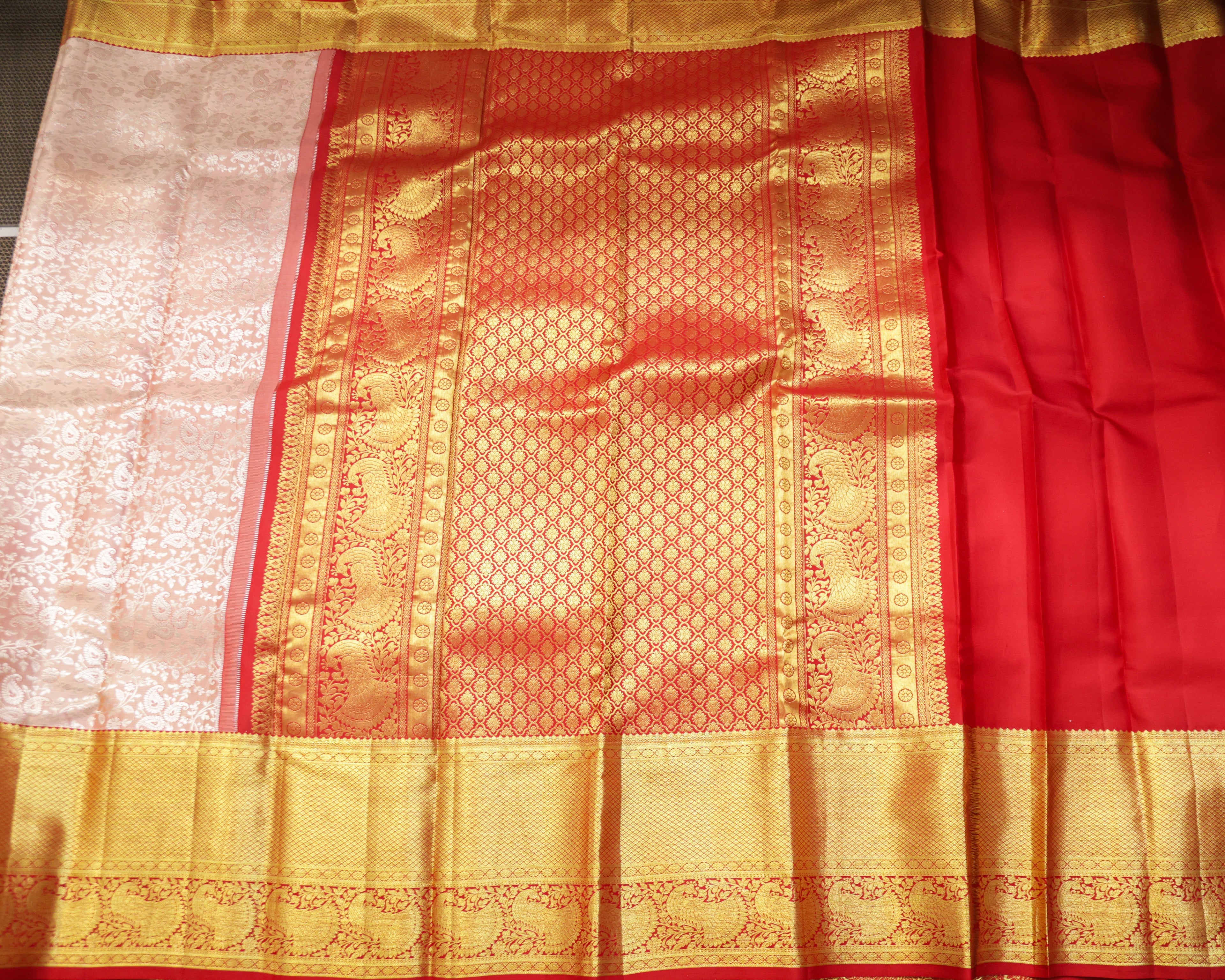 Kanchipuram Pure Silk Bridal Saree – Cream & Red Dual Shade