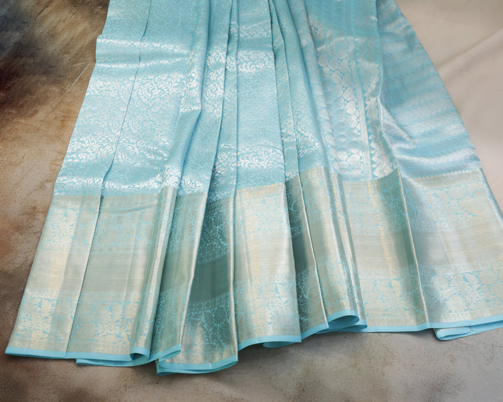 Kanchipuram Pure Silk Saree – Sky Blue All-Over Self Design