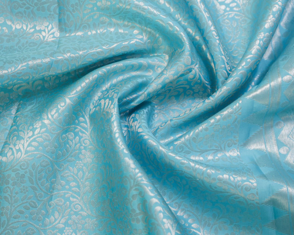 Kanchipuram Pure Silk Saree – Sky Blue All-Over Self Design