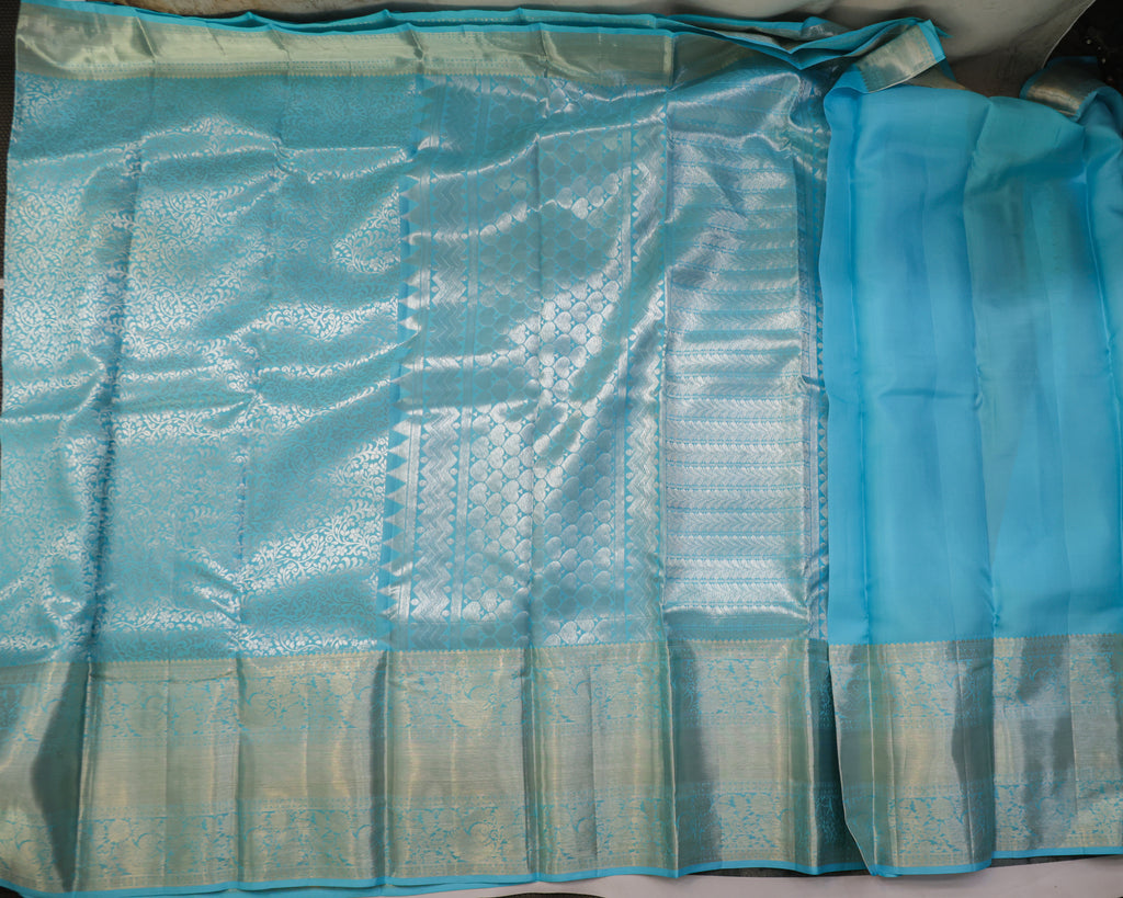 Kanchipuram Pure Silk Saree – Sky Blue All-Over Self Design