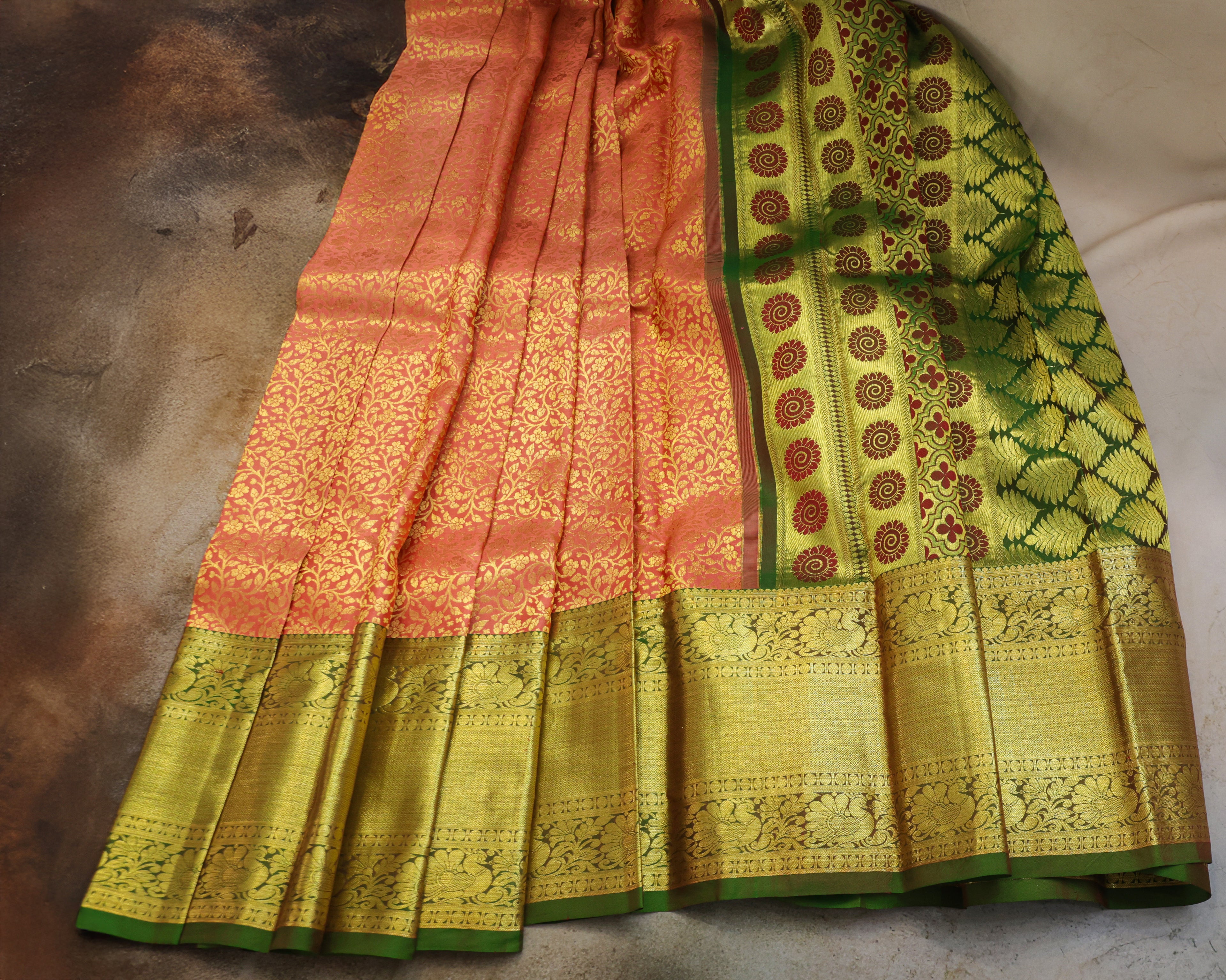Pastel Orange & Green Kanchipuram Bridal Silk Saree