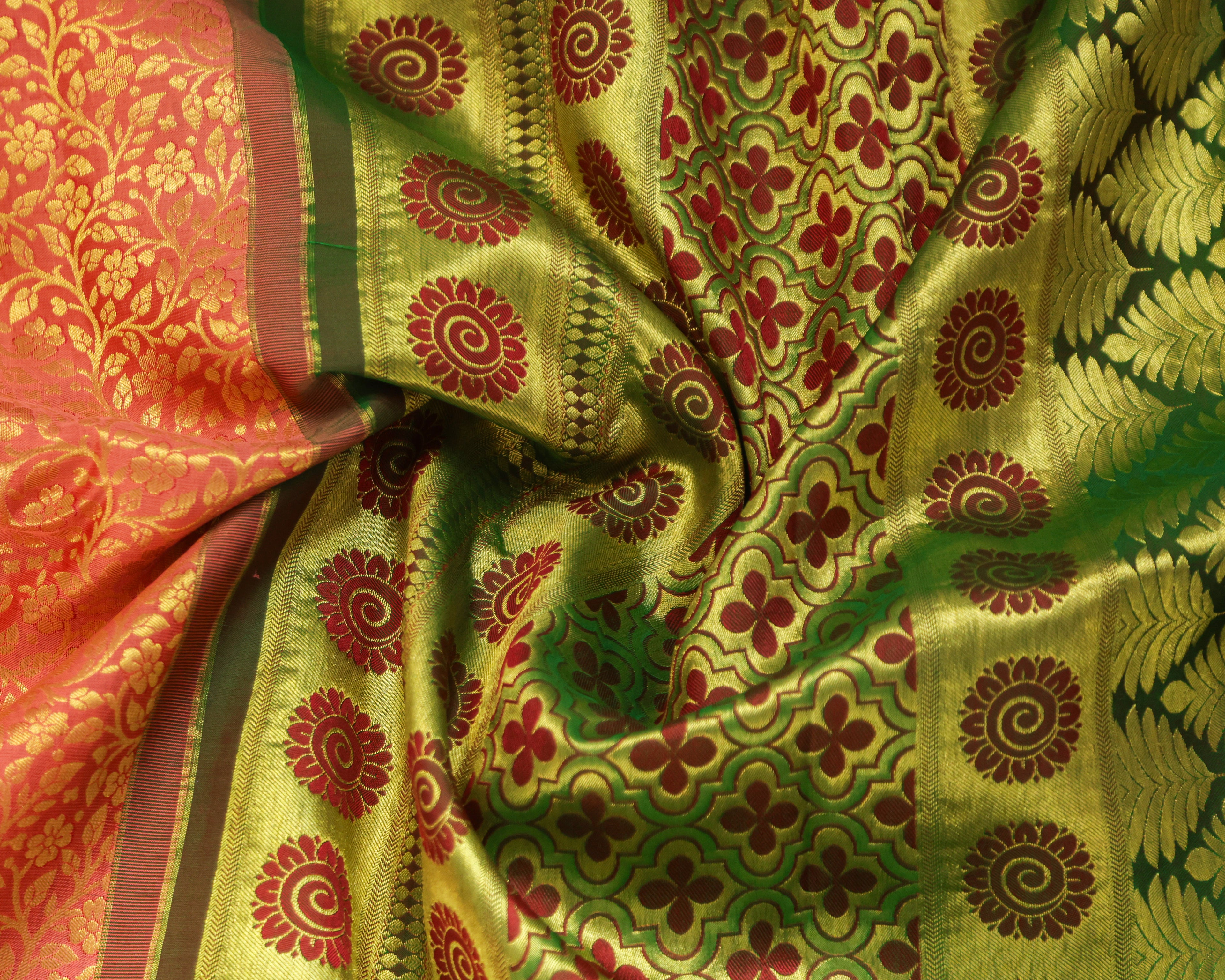 Pastel Orange & Green Kanchipuram Bridal Silk Saree