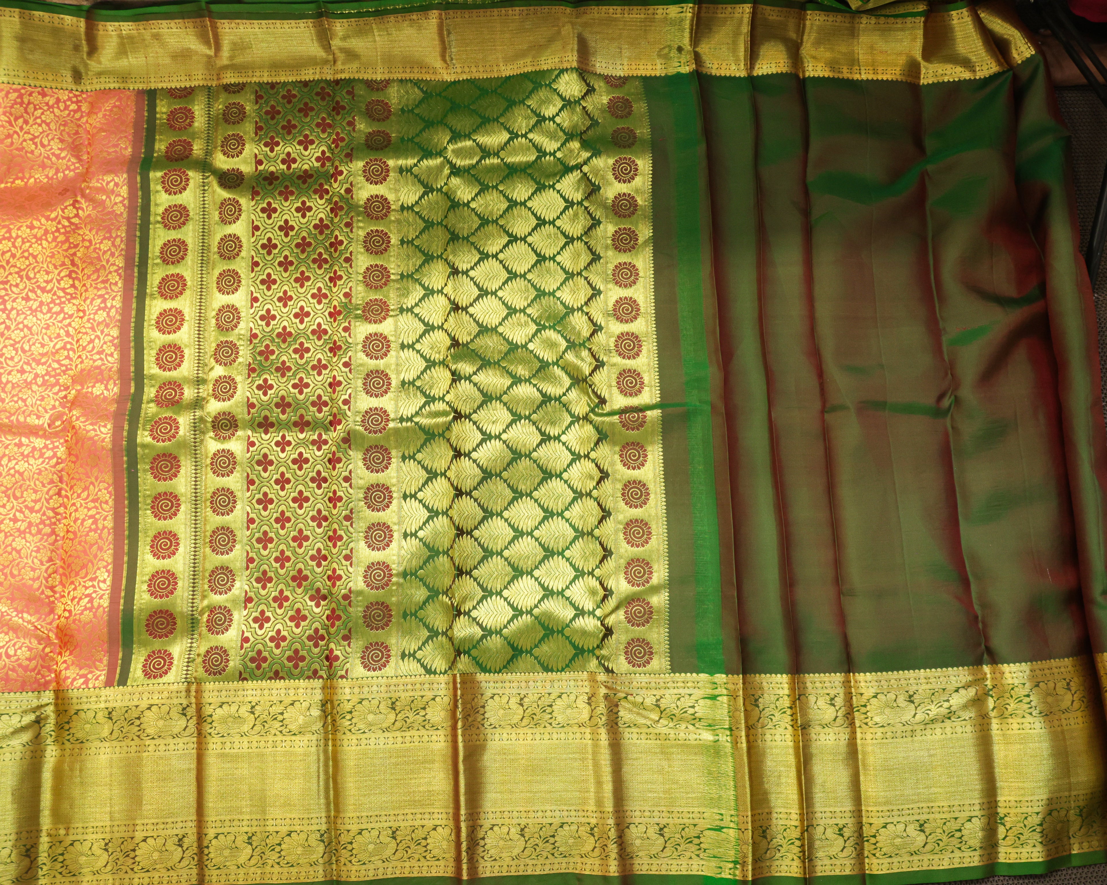 Pastel Orange & Green Kanchipuram Bridal Silk Saree