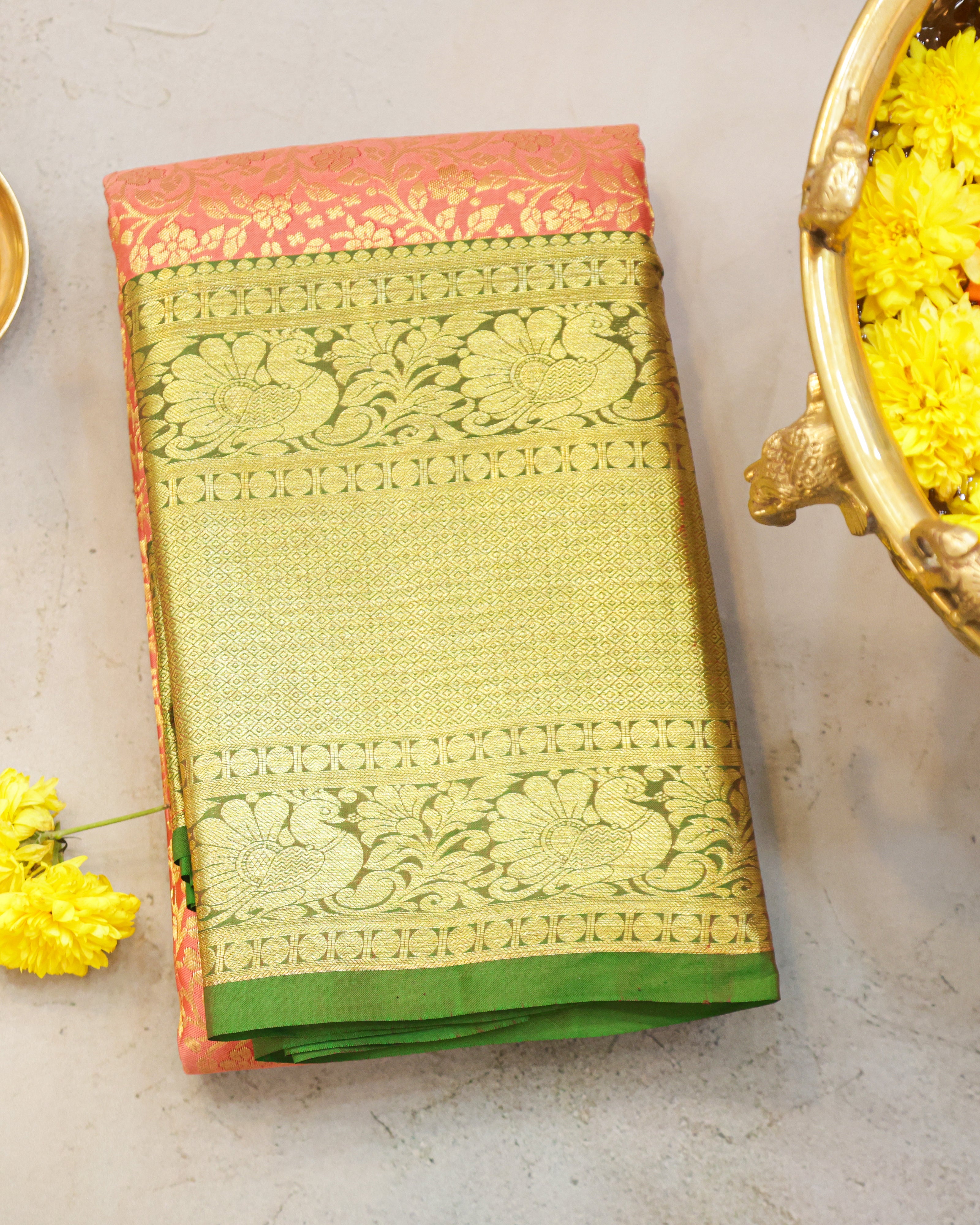 Pastel Orange & Green Kanchipuram Bridal Silk Saree