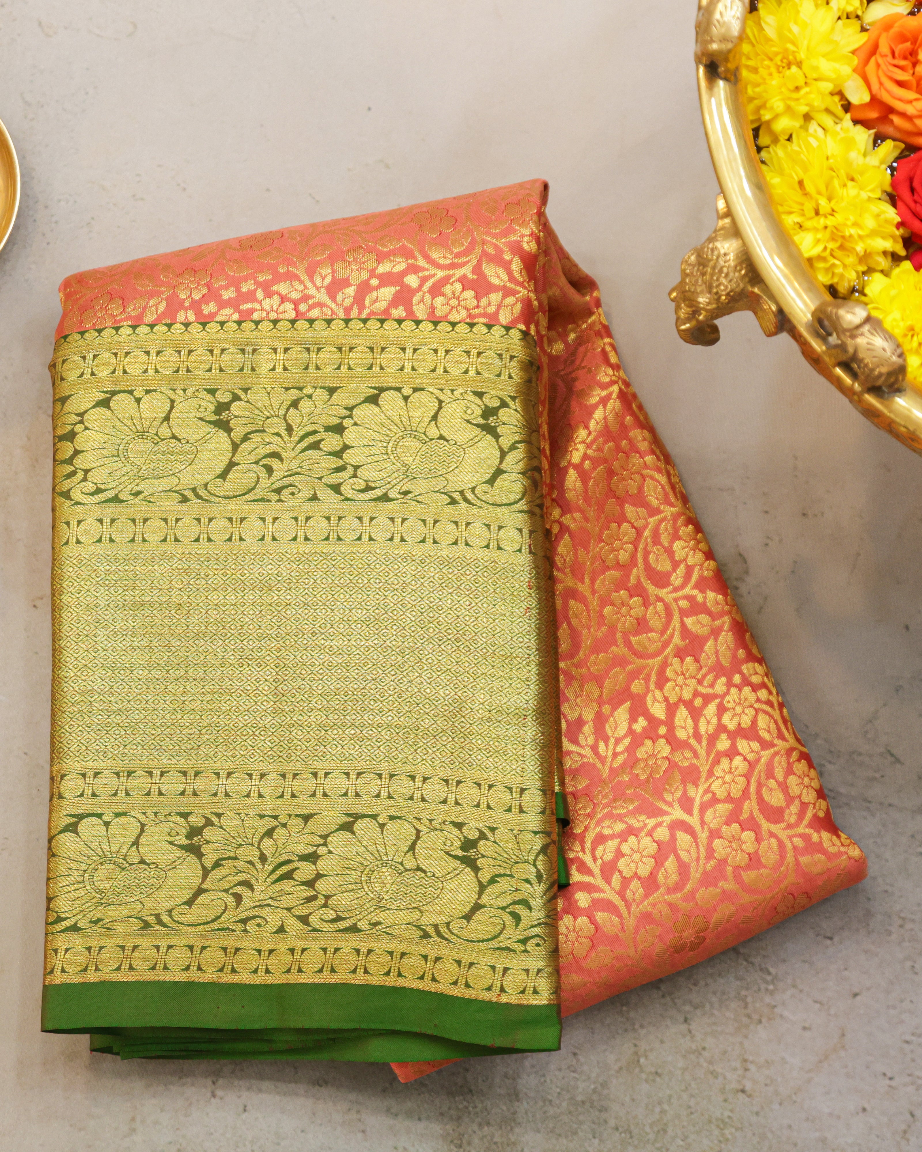 Pastel Orange & Green Kanchipuram Bridal Silk Saree