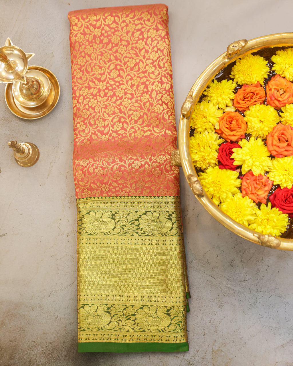 Pastel Orange & Green Kanchipuram Bridal Silk Saree