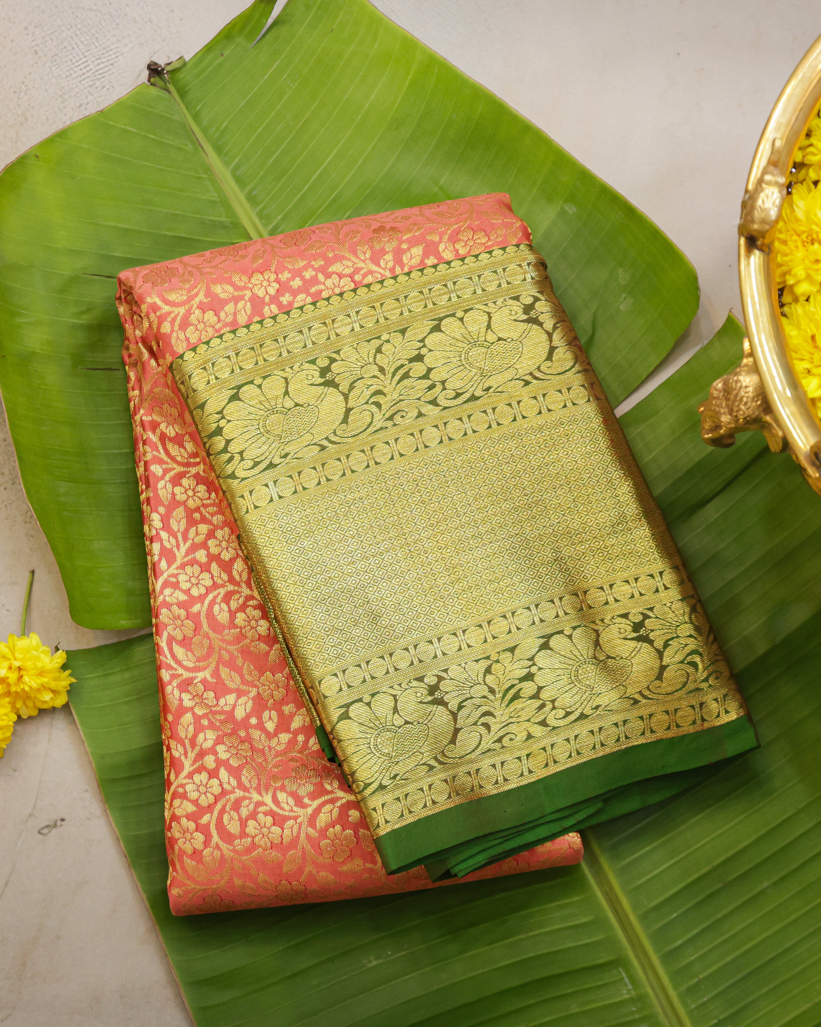 Pastel Orange & Green Kanchipuram Bridal Silk Saree